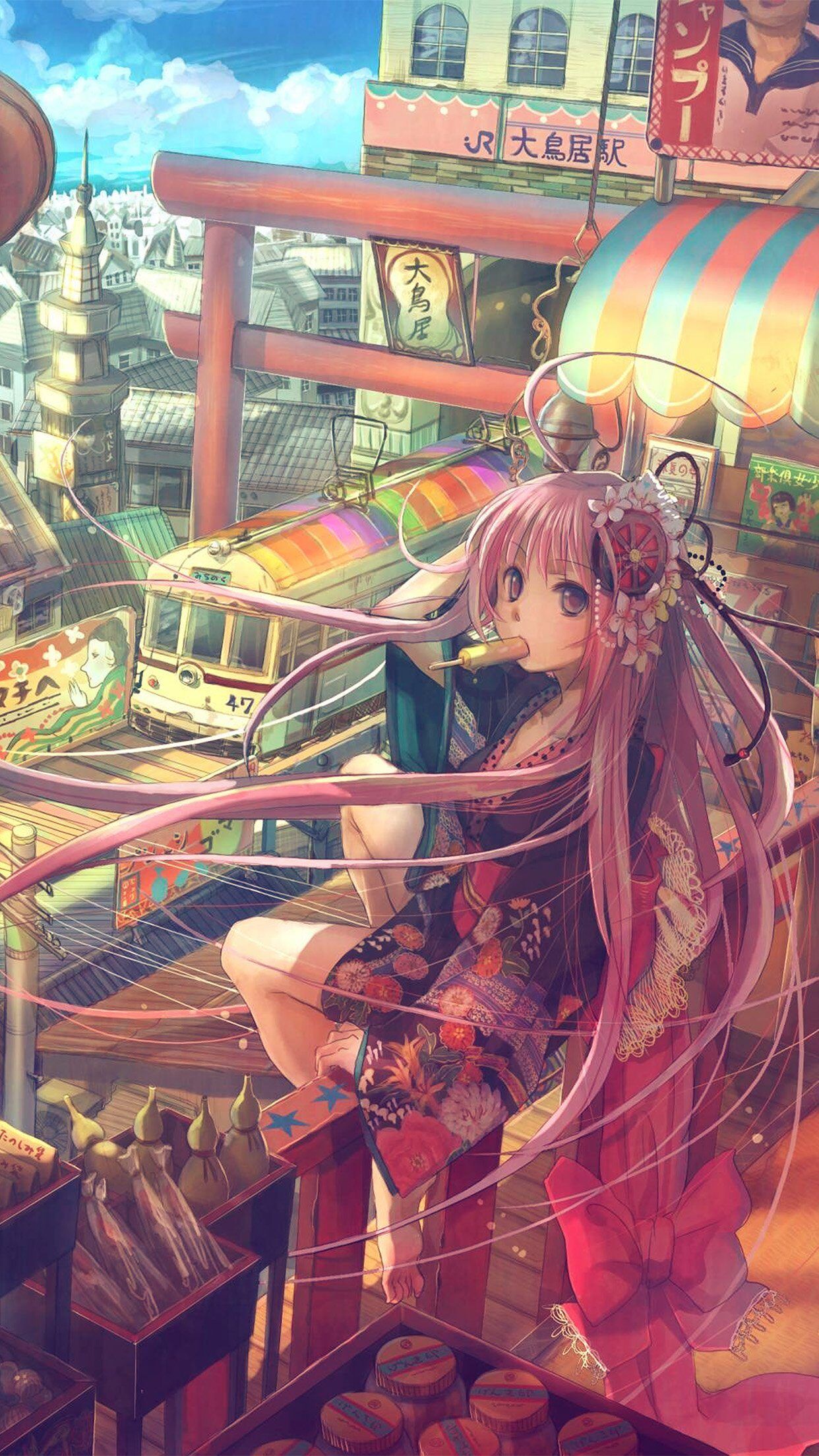 1242x2208 Girl Anime Icecream Art Drawing Blue iPhone 7 Wallpaper