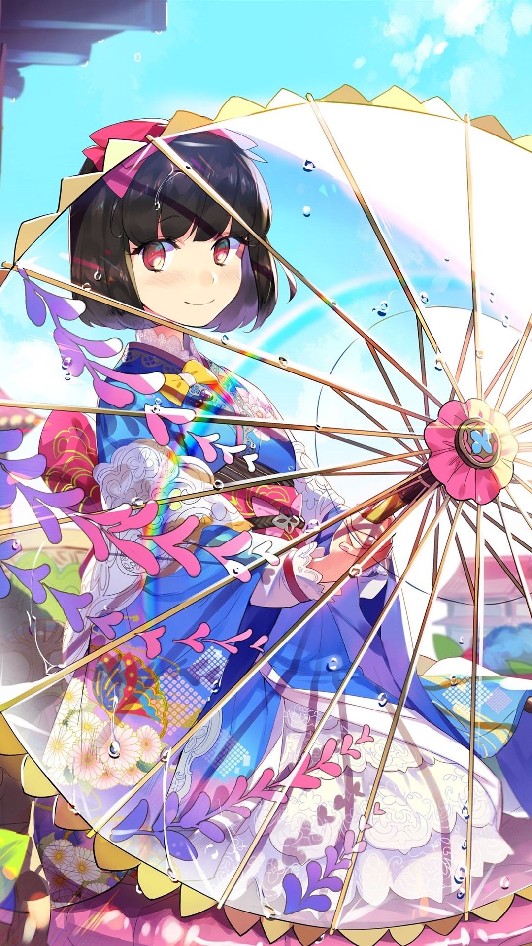 1080x1920 Japanese Anime Girl, Umbrella, Flowers, Kimono 1080x1920 IPhone 8 7 6 6S Plus Wallpaper, Background, Picture, Image