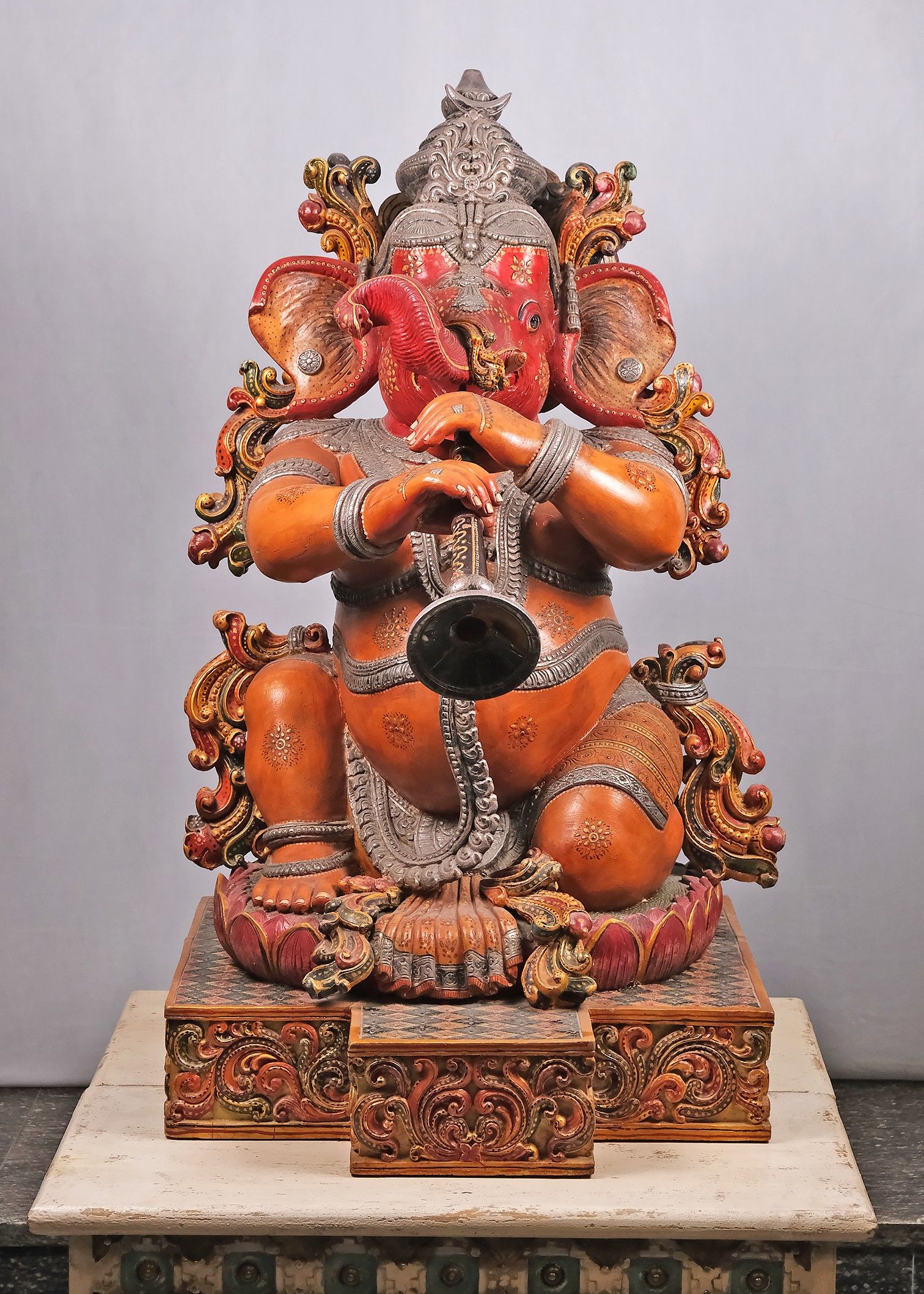 1512x2117 Large Wooden Ganesha Statue Playing Shehnai Inch Sculpture