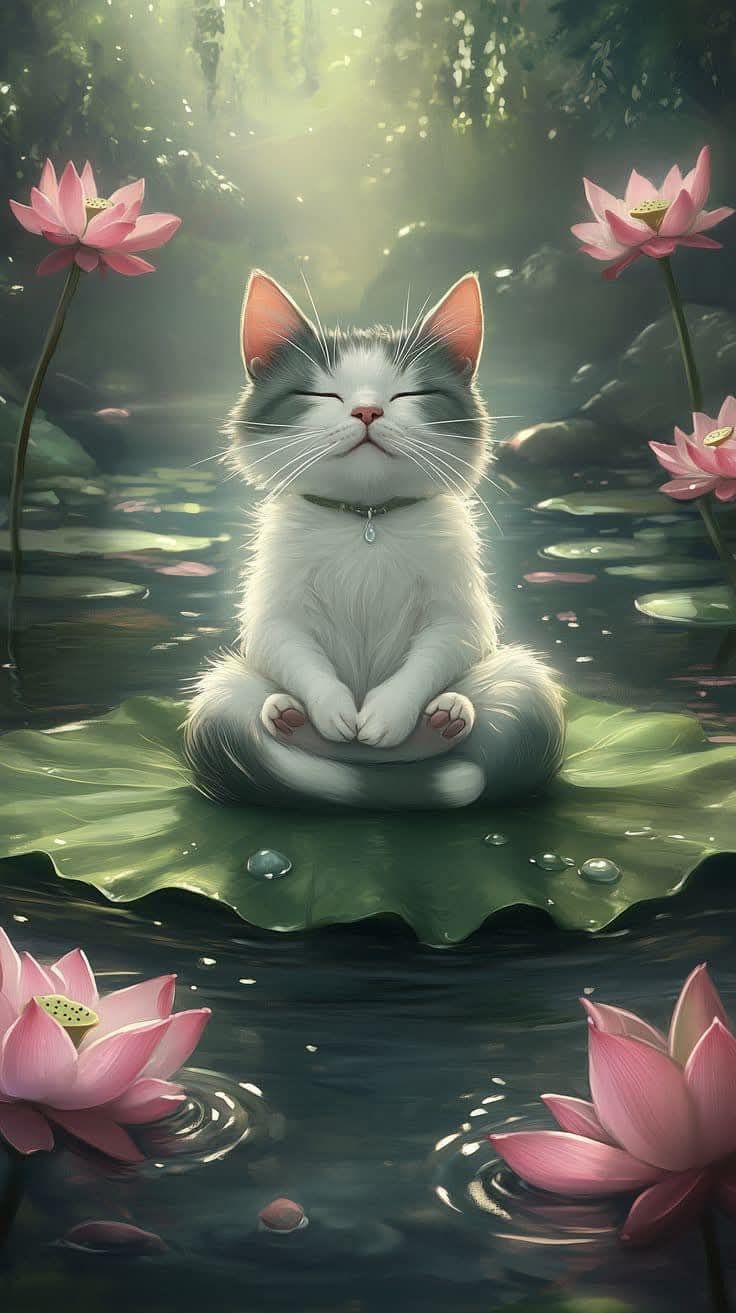 736x1313 Zen cat. Cat and lotus flower illustration, Meditating cat wallpaper, Lovely cats