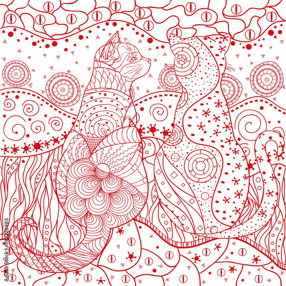 1000x1000 Zen Cat. Eastern Square Pattern. Mandala. Hand Drawn Ornate Wallpaper With Abstract Patterns. Design For Spiritual Relaxation For Adults. Outline For Tattoo, Printing On T Shirts. Design Zentangle Stock Vector