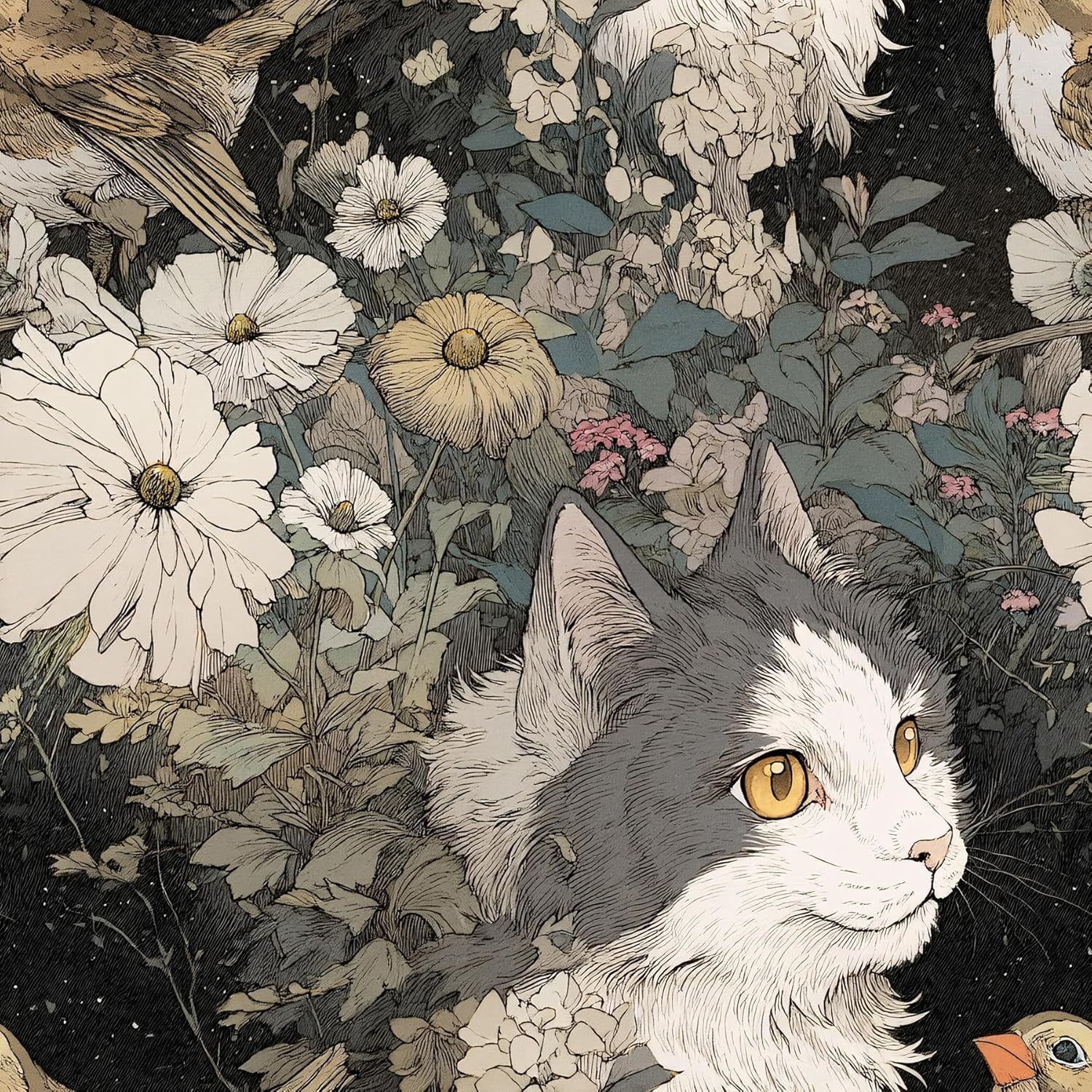 1500x1500 Japanese Art Cat Wallpaper Peel And Stick, Ukiyo E Floral & Feline Pattern, Removable Mural For Zen Bedroom & Living Room, 17.7x118 Inch