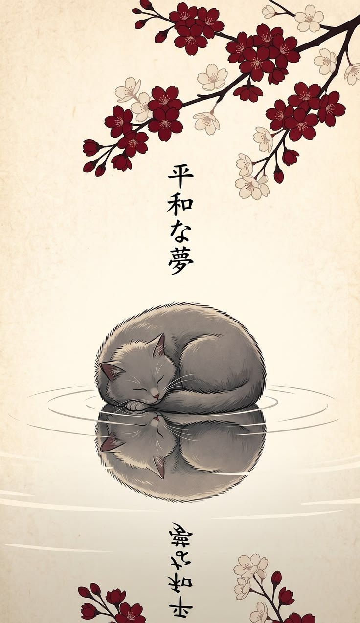 736x1275 Zen cat & Cherry blossoms. Minimalist Japanese Aesthetic Wallpaper