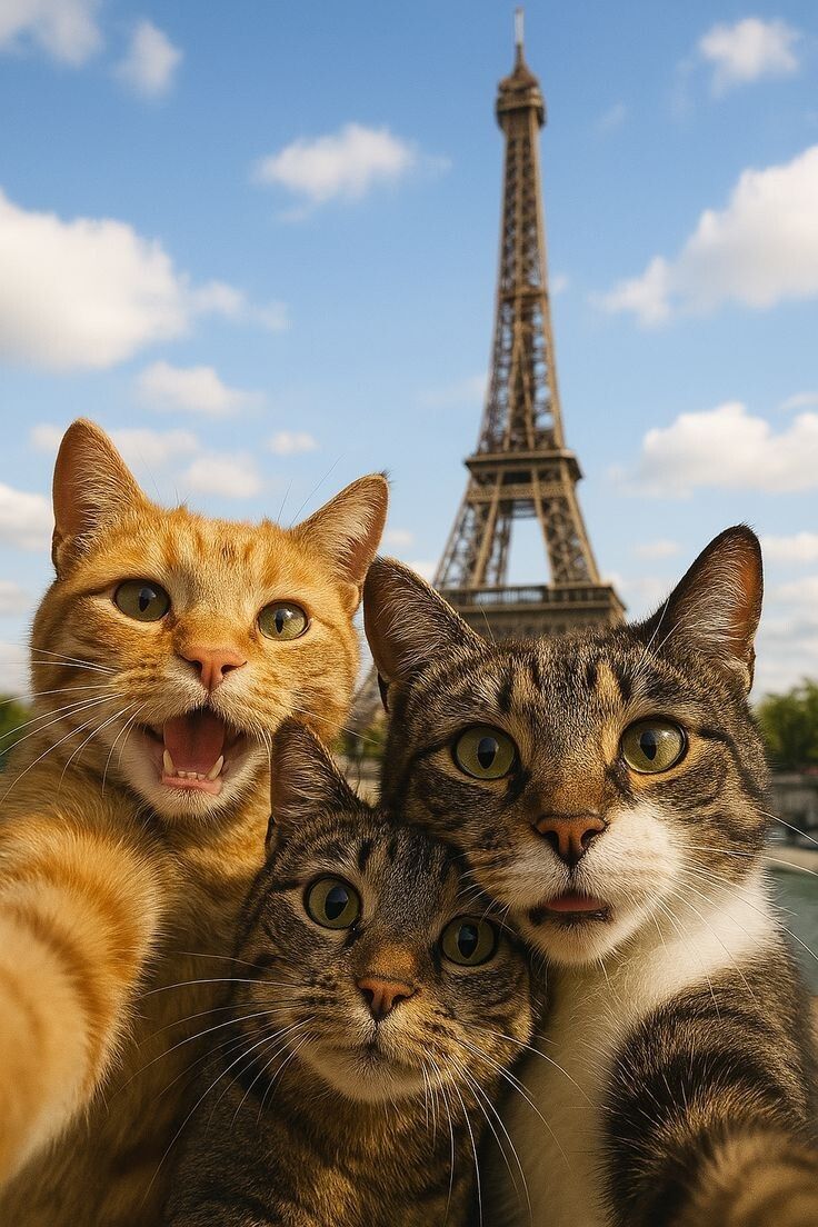 736x1104 Three Cats in Paris Eiffel Tower Digital Picture Wallpaper Desktop Art