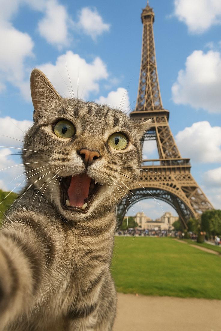 736x1104 a grey tabby cat snapping the ultimate tourist selfie in front of the Eiffel Tower!