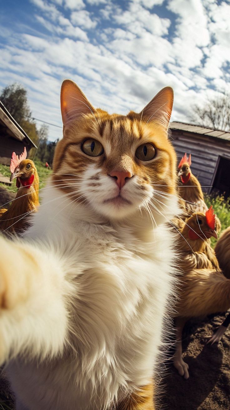 736x1308 Wallpaper cat, pet, chicken, selfie, Animals 4K by tepes. Download wallpaper cat, pet, chicken, selfie for free