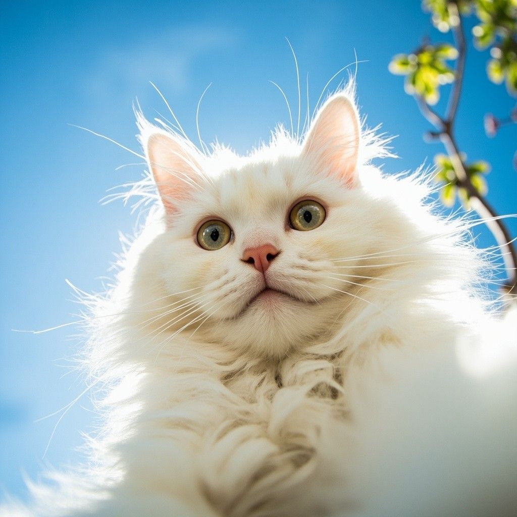 1024x1024 Surprised White Persian Cat Selfie with Sky Background