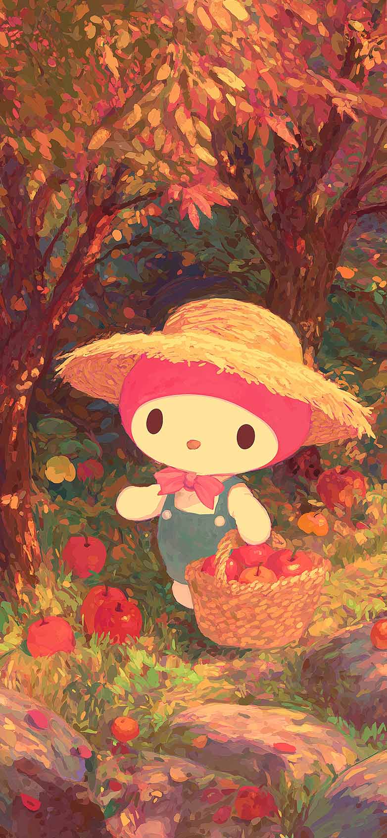 782x1692 My Melody Straw Hat Apple Picking Autumn Wallpaper for iPhone