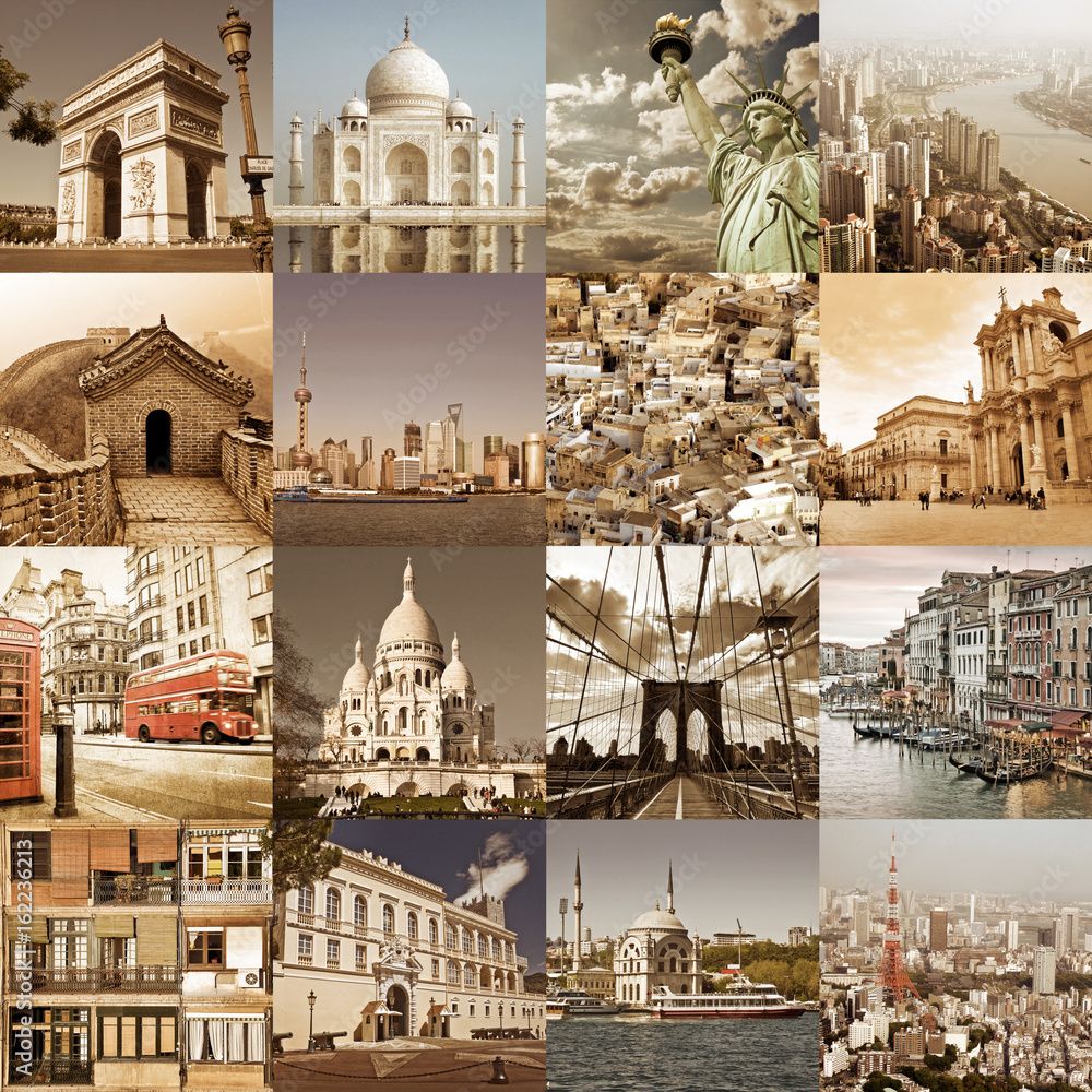 1000x1000 Poster, Print Cities of the world vintage collage, city travel and tourism concept, 40x40 cm