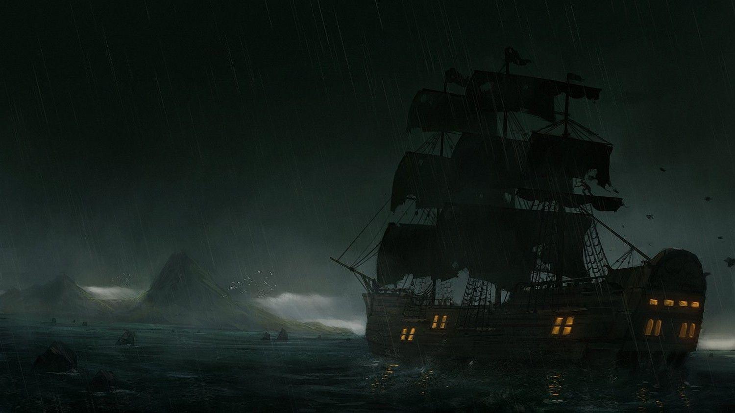 1500x844 ship old ship island rocks birds storm water sea rain clouds sailing Wallpaper HD / Desktop and Mobile Background