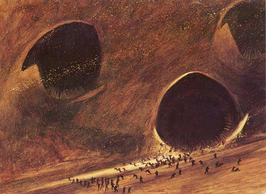 1080x789 John Schoenherr 1978 artwork of the sandworms coming out of the sandstorm