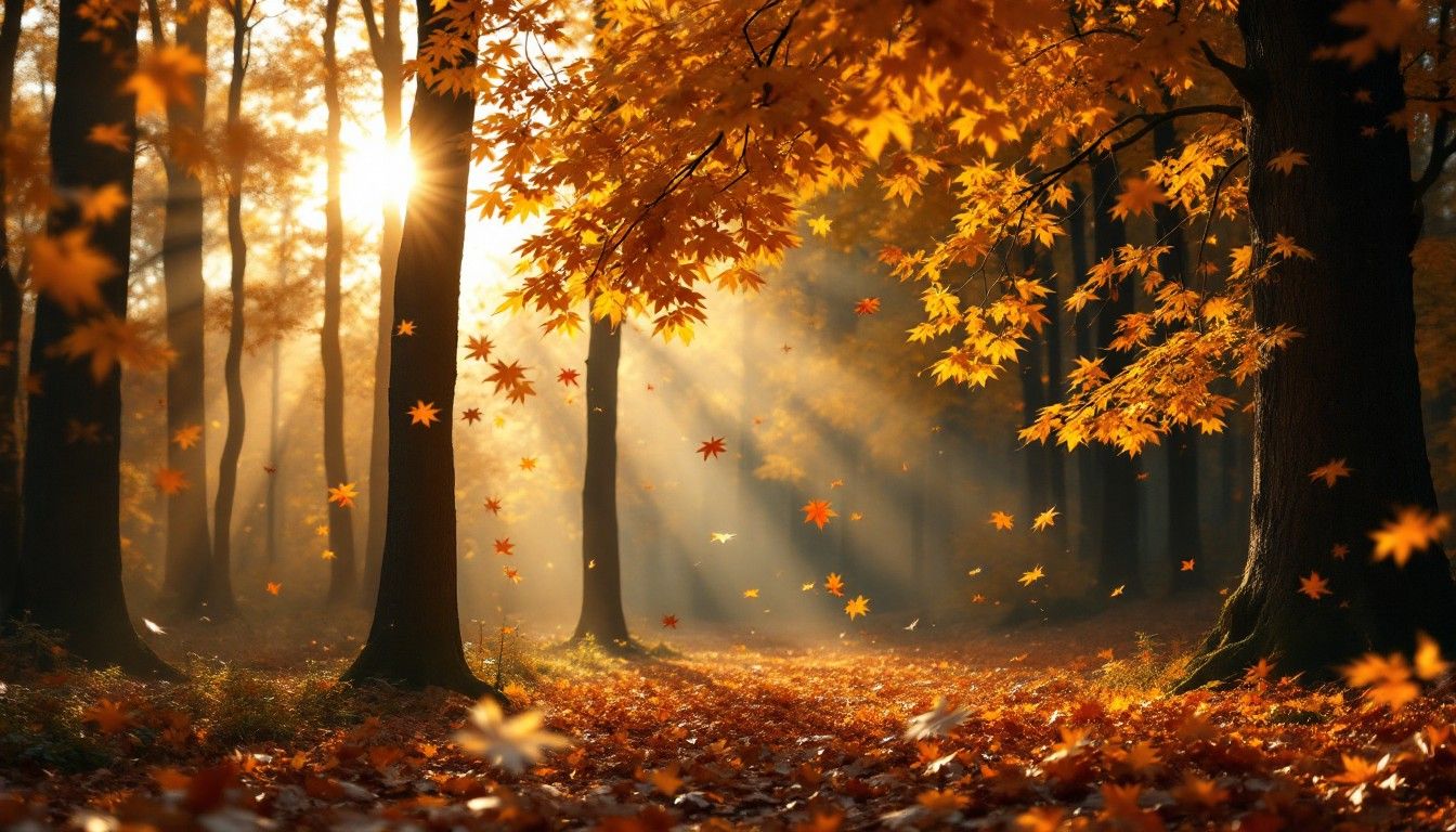 1344x768 Download Magical Autumn Forest Image, Forest, Sunbeams