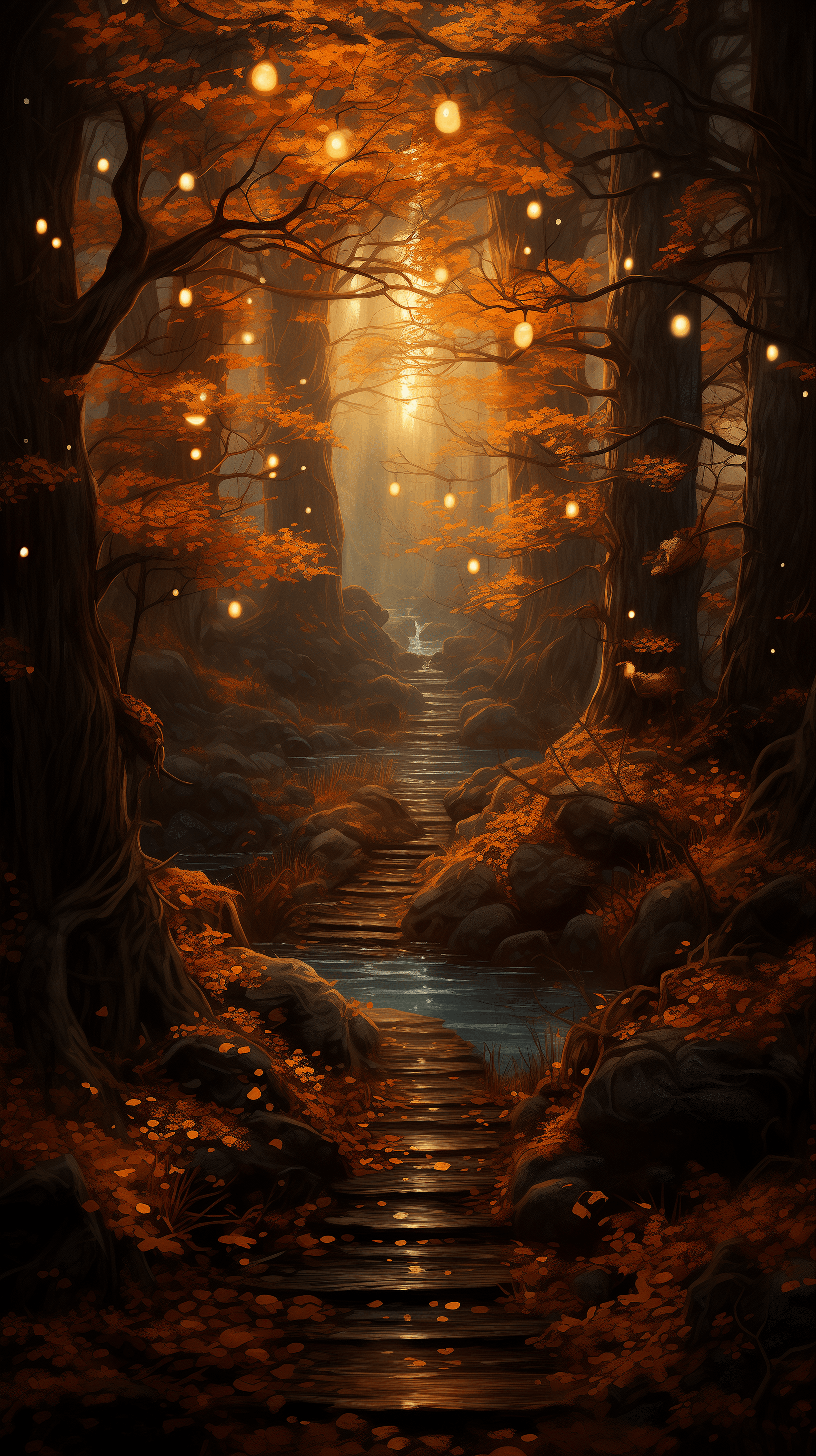 1632x2912 Enchanted Autumn Forest Path Phone Wallpaper