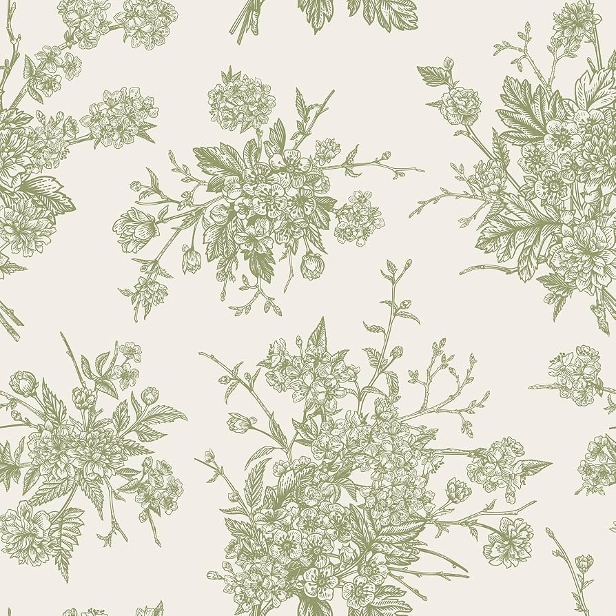 894x894 WESTICK Vintage Green Floral Wallpaper French Country Floral Contact Paper. Peel and Stick Accent Wallpaper Removable Thick Neutral Cream Contact Paper for Bedroom Walls Cabinets 17.5 x 100