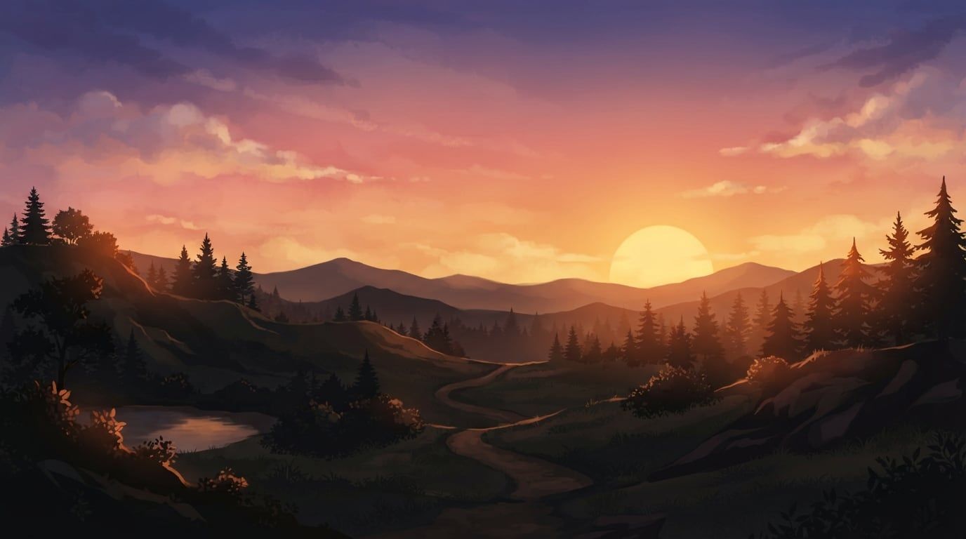 1376x768 Anime Sunset Landscape Background Game Background