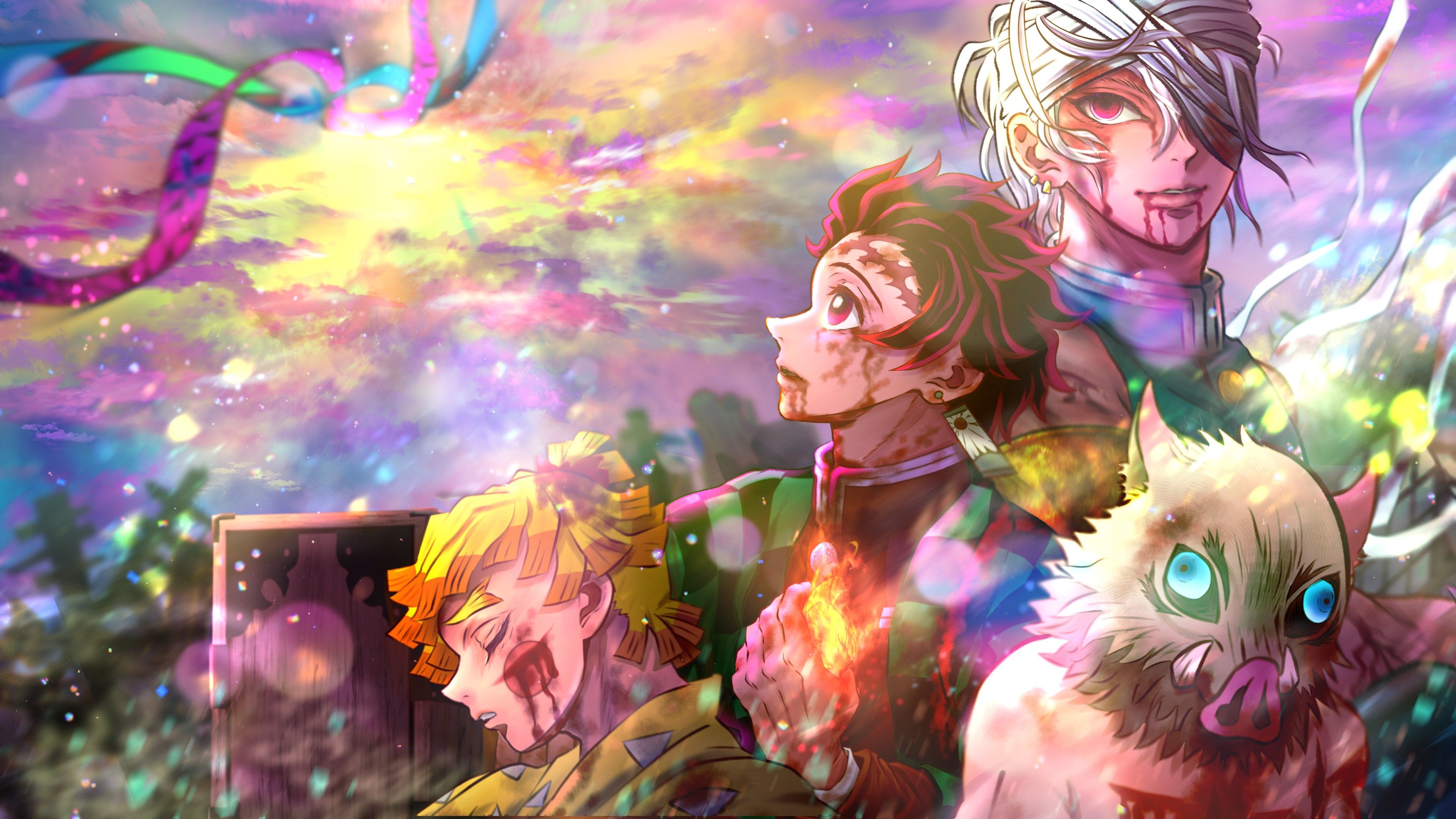 3840x2160 Inosuke Hashibira Tanjiro Kamado Tengen Uzui Zenitsu Agatsuma 4K HD Demon Slayer Kimetsu no Yaiba Wallpaper