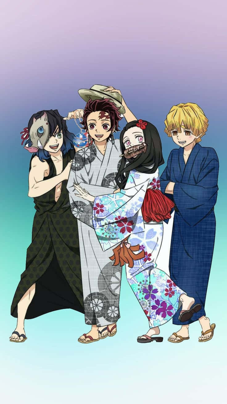 736x1309 Download Cute Demon Slayer Characters Inosuke Tanjiro Nezuko And Zenitsu Wallpaper