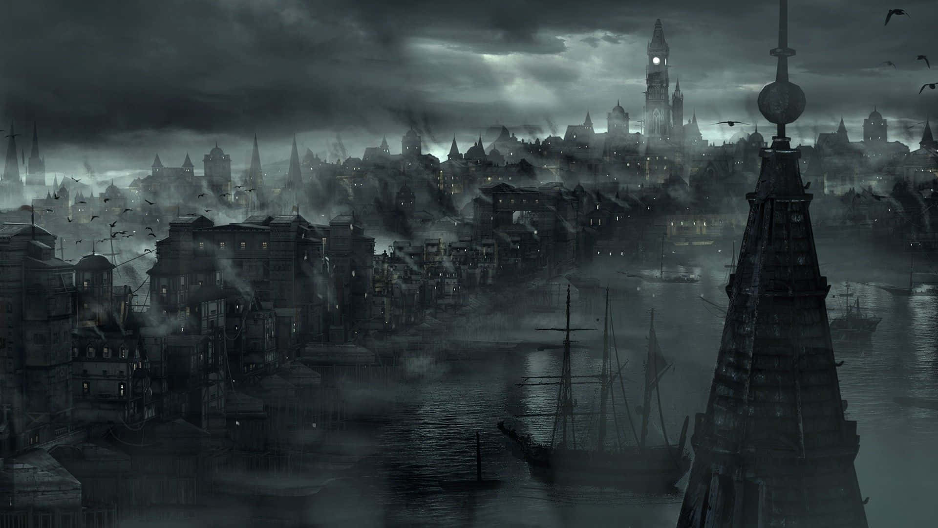 1920x1080 Download a dark city with a lot of buildings and birds Background