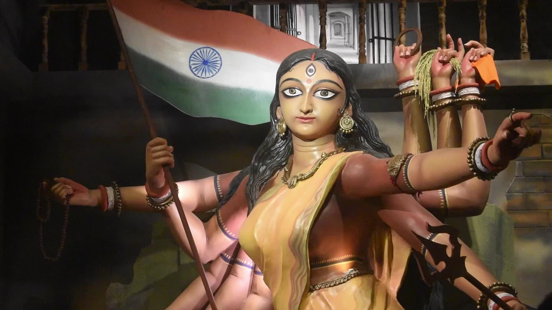 1920x1080 Durga Idol Depicted As Bharat Mata At Freedom Fighters Themed Durga Puja Pandal In Kolkata, India