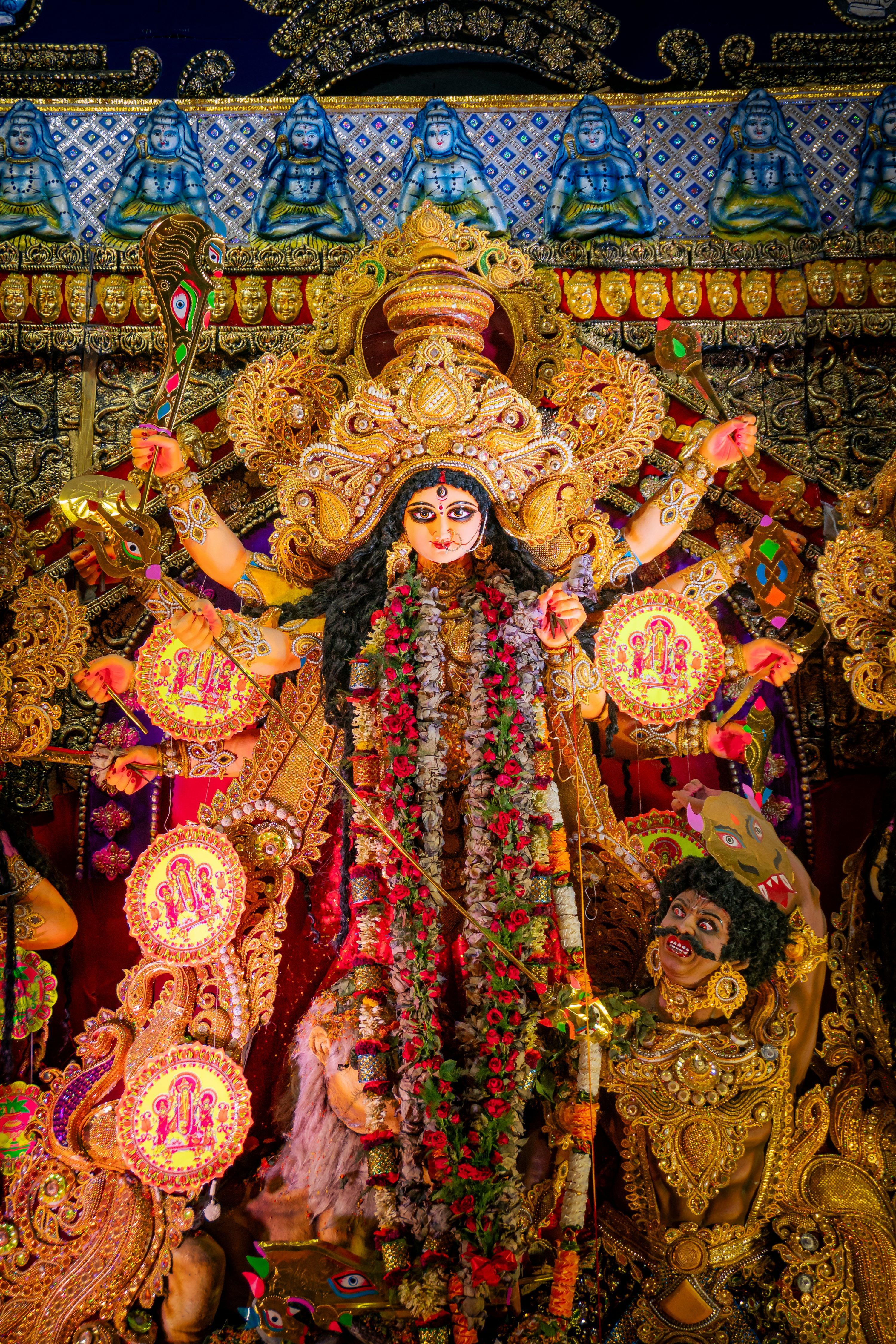 3000x4500 An elaborate idol of hindu goddess durga adorned with garlands
