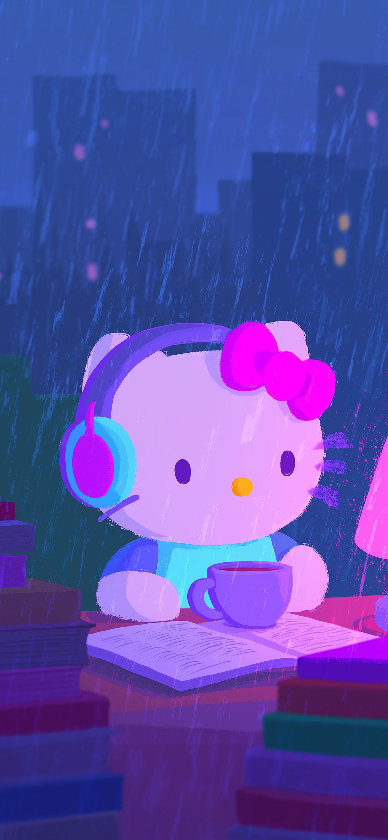 1326x2868 Hello Kitty Lofi Study Rainy Night Headphones Wallpaper iPhone