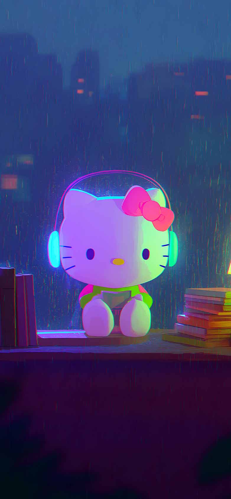782x1692 Neon Rain Hello Kitty Lofi Study Chill Aesthetic Wallpaper iPhone