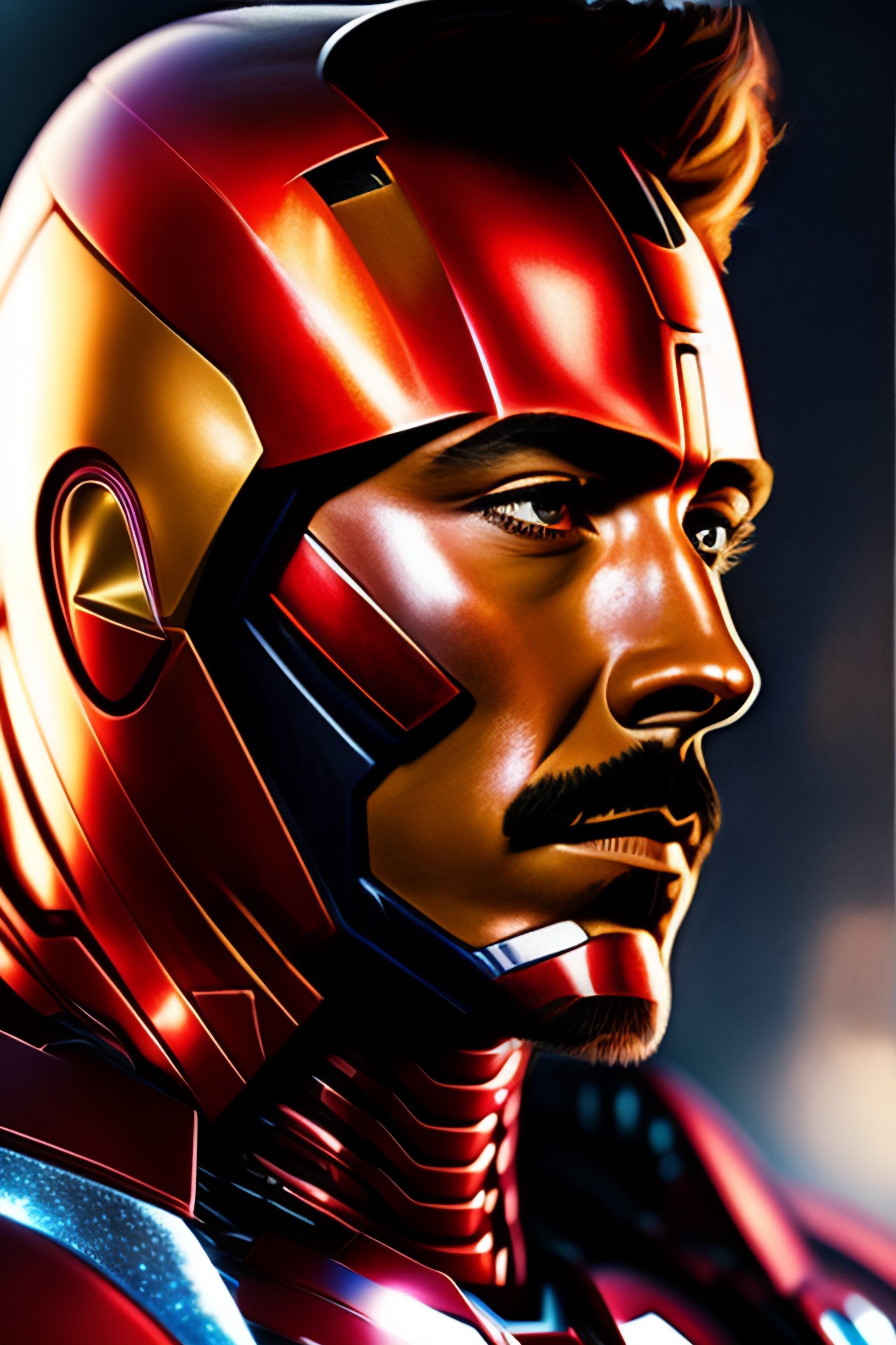 2048x3072 Lexica Close Up Portrait Of Ironman, Right Half Of Face Is Ironman, Left Half Of Face Is Tony Stark, Background Is Rock And Roll, Cinematic Light