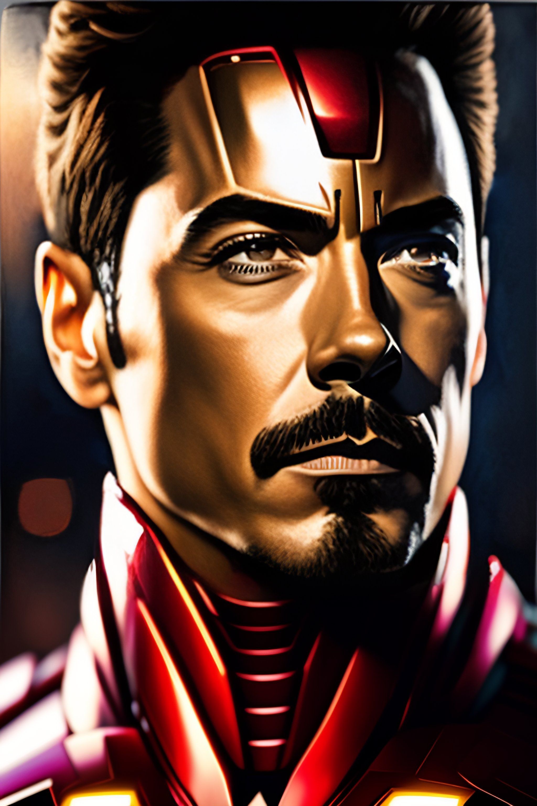 2048x3072 Lexica Close Up Portrait Of Ironman, Right Half Of Face Is Ironman, Left Half Of Face Is Tony Stark, Background Is Rock And Roll, Cinematic Light