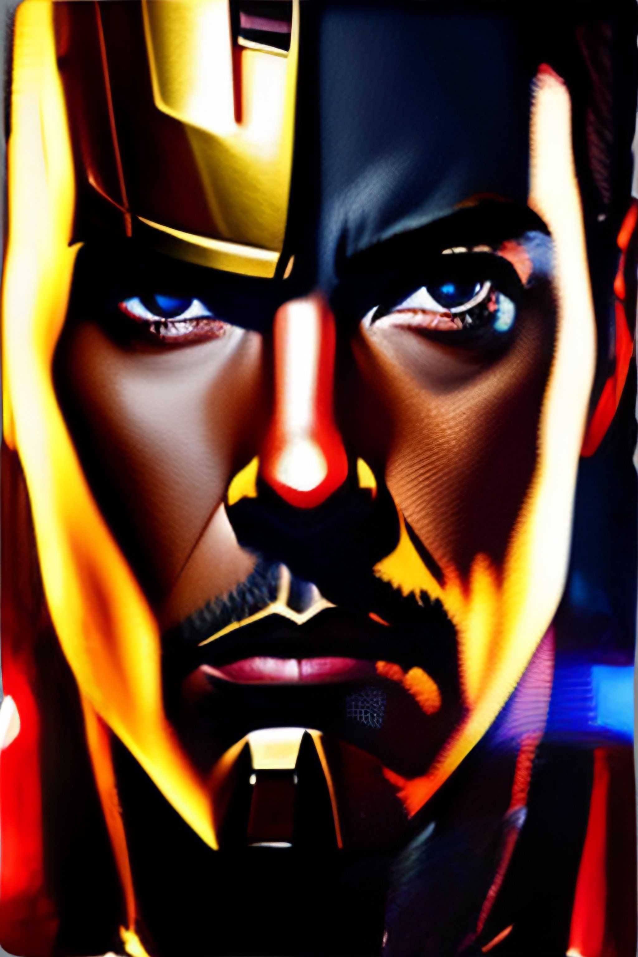 2048x3072 Lexica Close Up Portrait Of Ironman, Right Half Of Face Is Ironman, Left Half Of Face Is Tony Stark, Background Is Rock And Roll, Cinematic Light