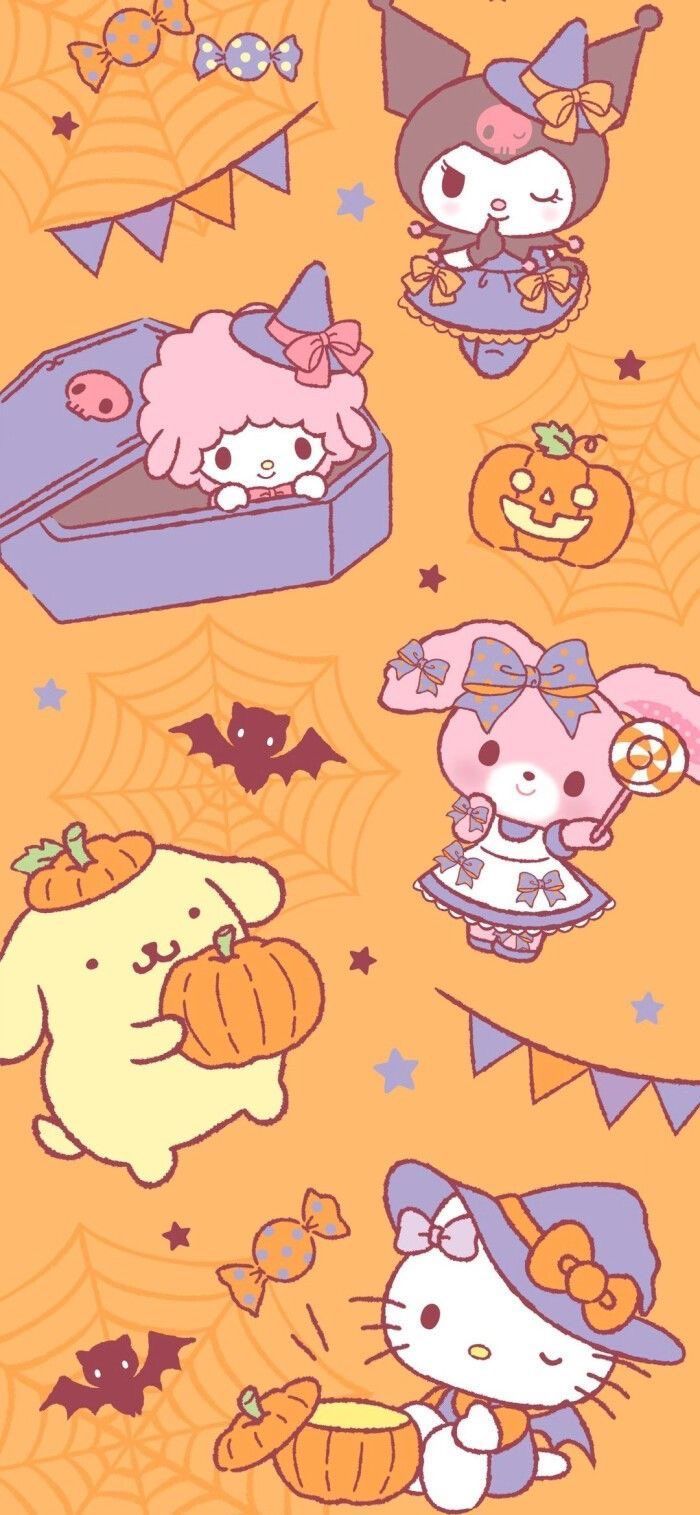 700x1515 Fall wallpaper sanrio. Sanrio fall background, Sanrio halloween wallpaper, Hello kitty halloween wallpaper