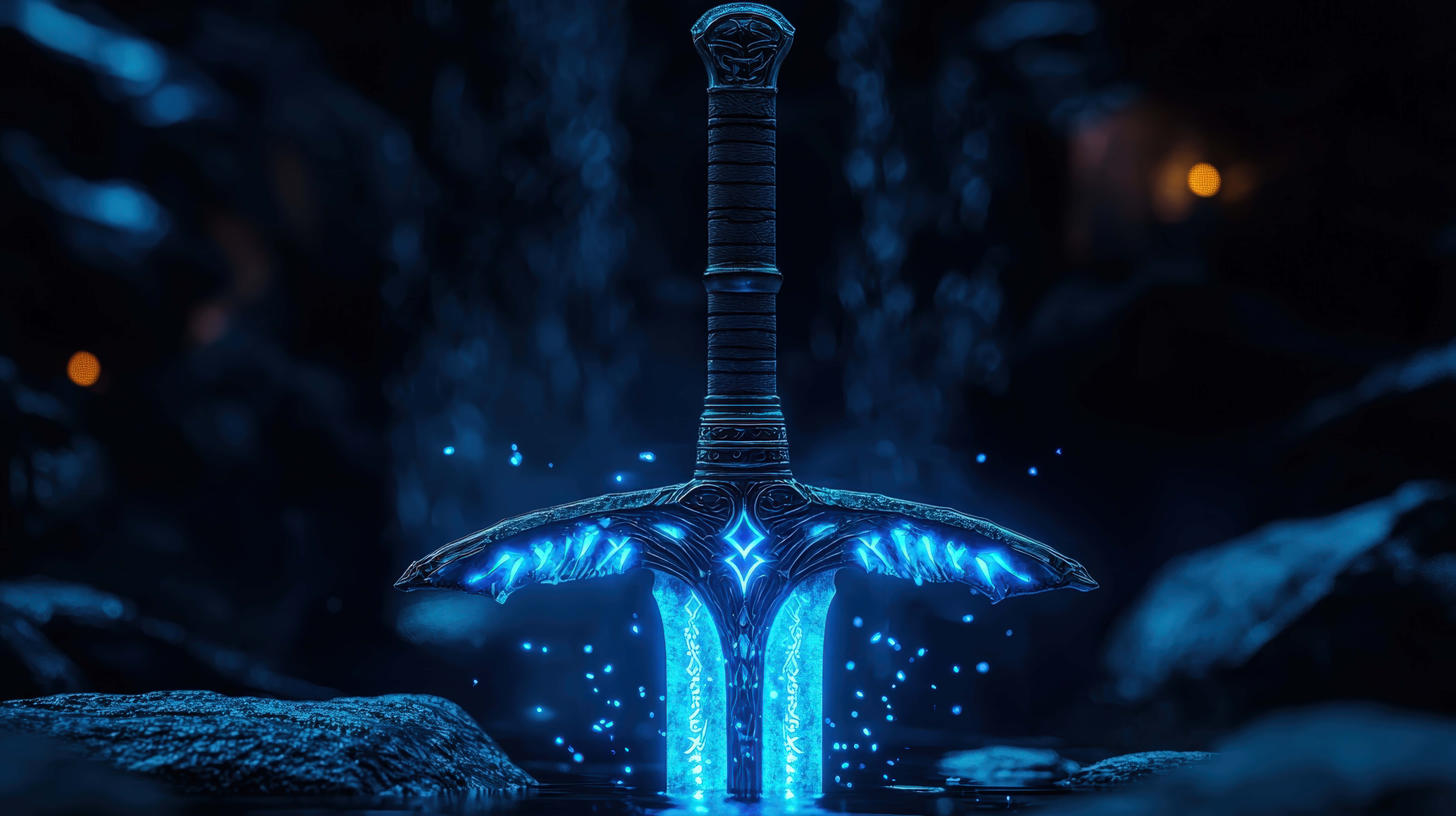 8736x4896 Download Glowing Enchanted Sword in Mystical Cave Wallpaper