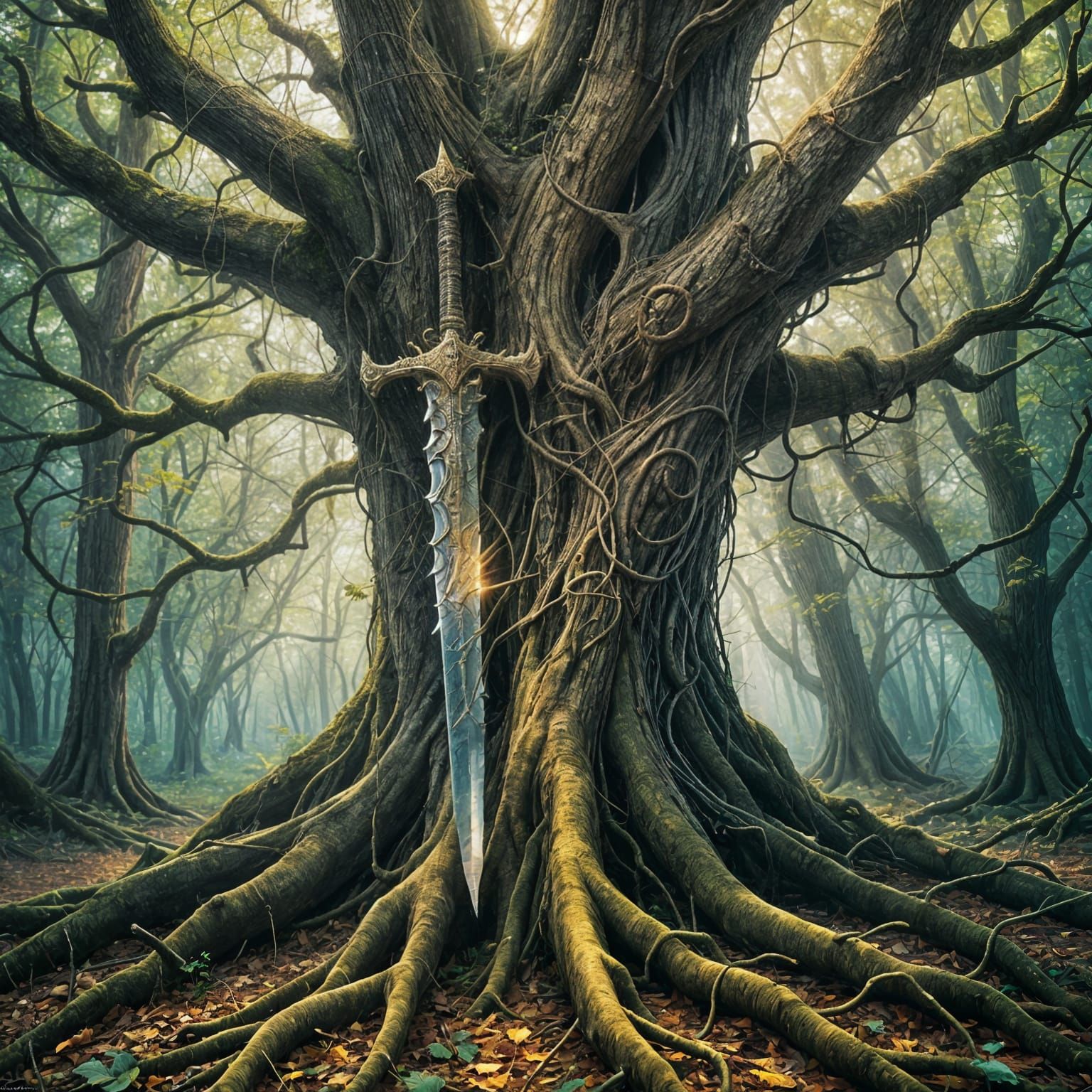 1536x1536 Enchanted Sword Entwined in Forest Tree