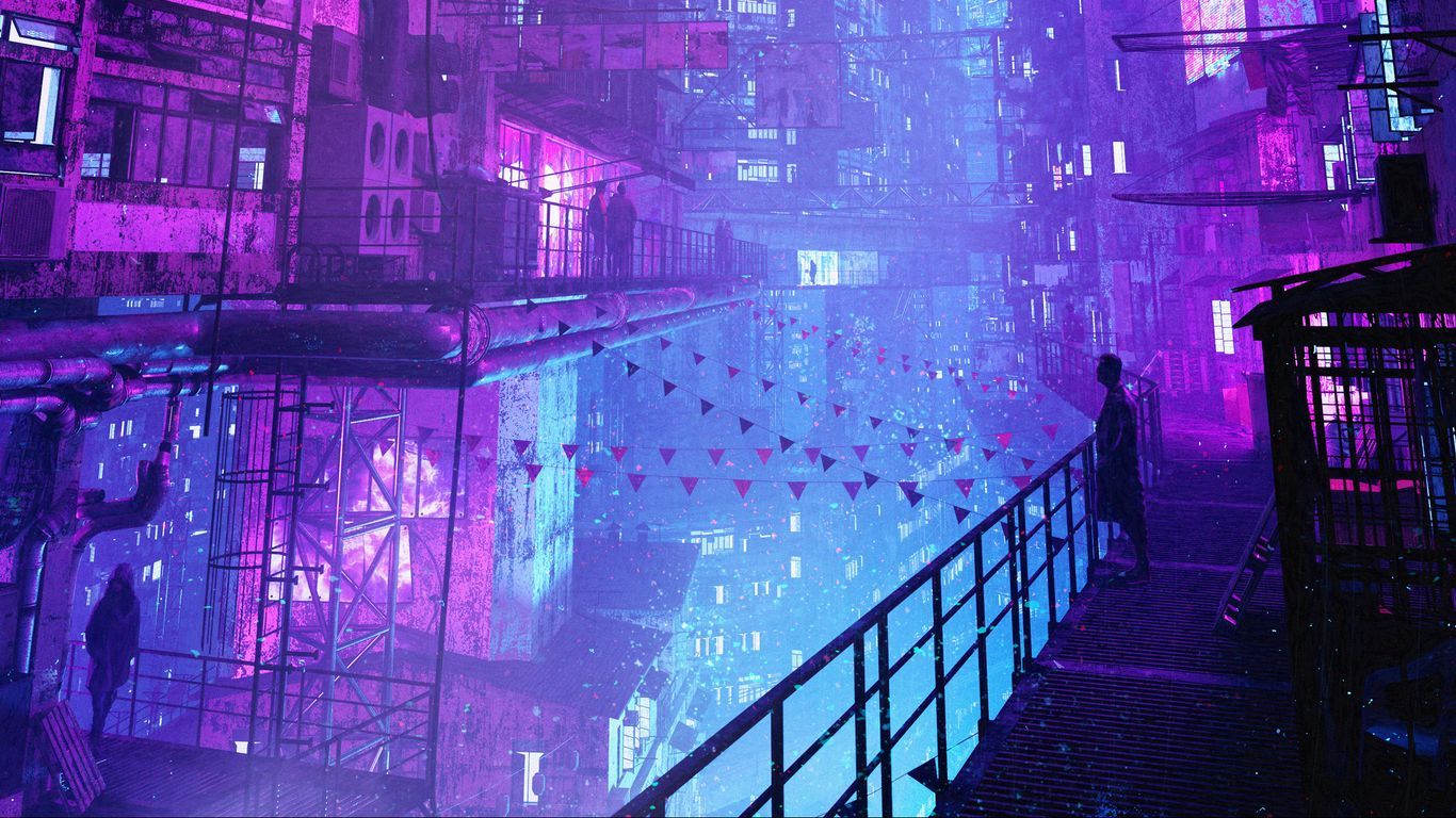 1366x768 Download wallpaper 1366x768 city, night, buildings, light, neon, dark tablet, laptop HD background