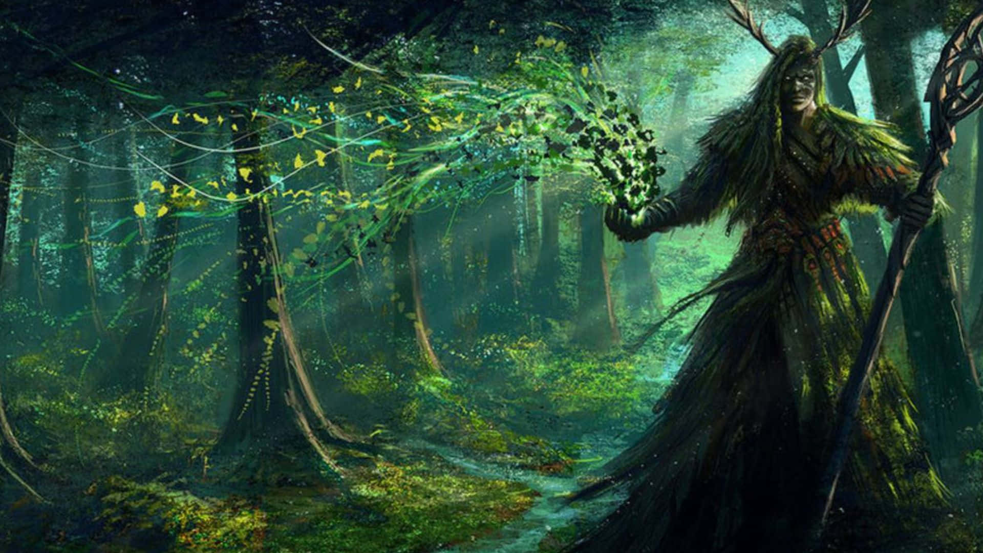 1920x1080 Download Caption: Powerful World of Warcraft Druid in Mystical Forest Wallpaper
