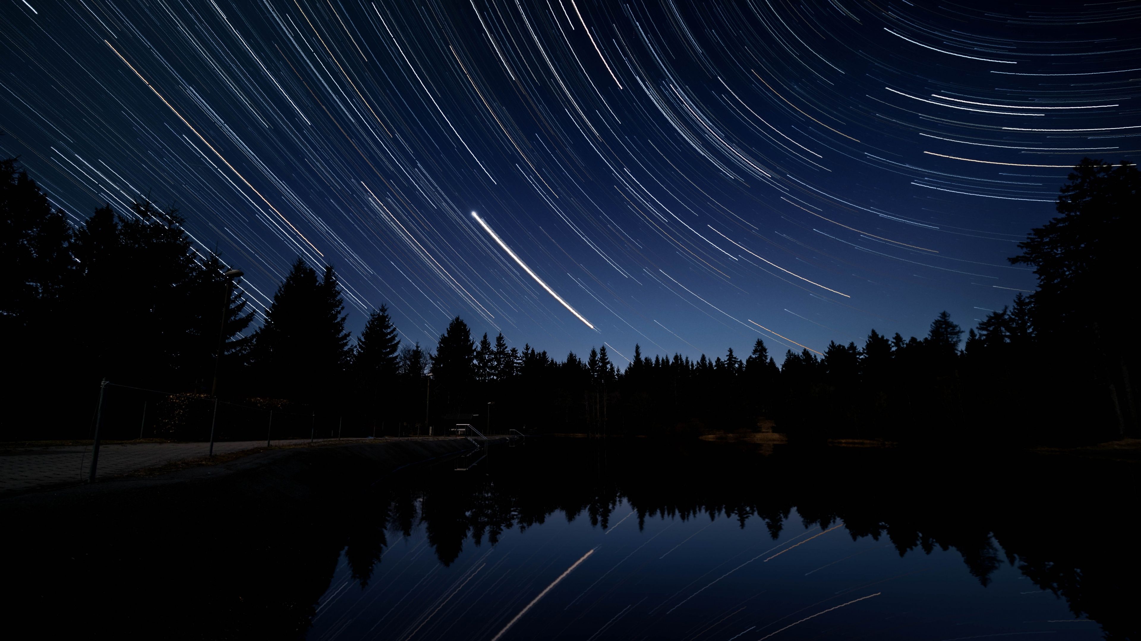 3840x2160 Star Trails Wallpaper 4K, Night sky, Waterfront, Reflection