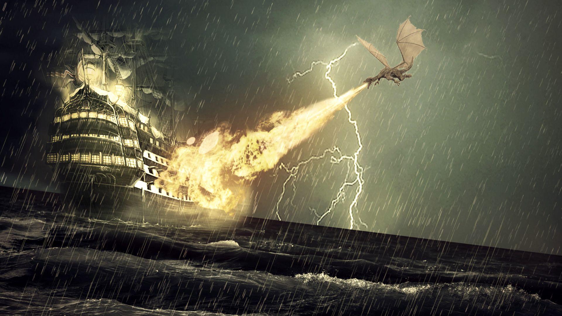 1920x1080 dragon, Ship, Storm, Rain Wallpaper HD / Desktop and Mobile Background
