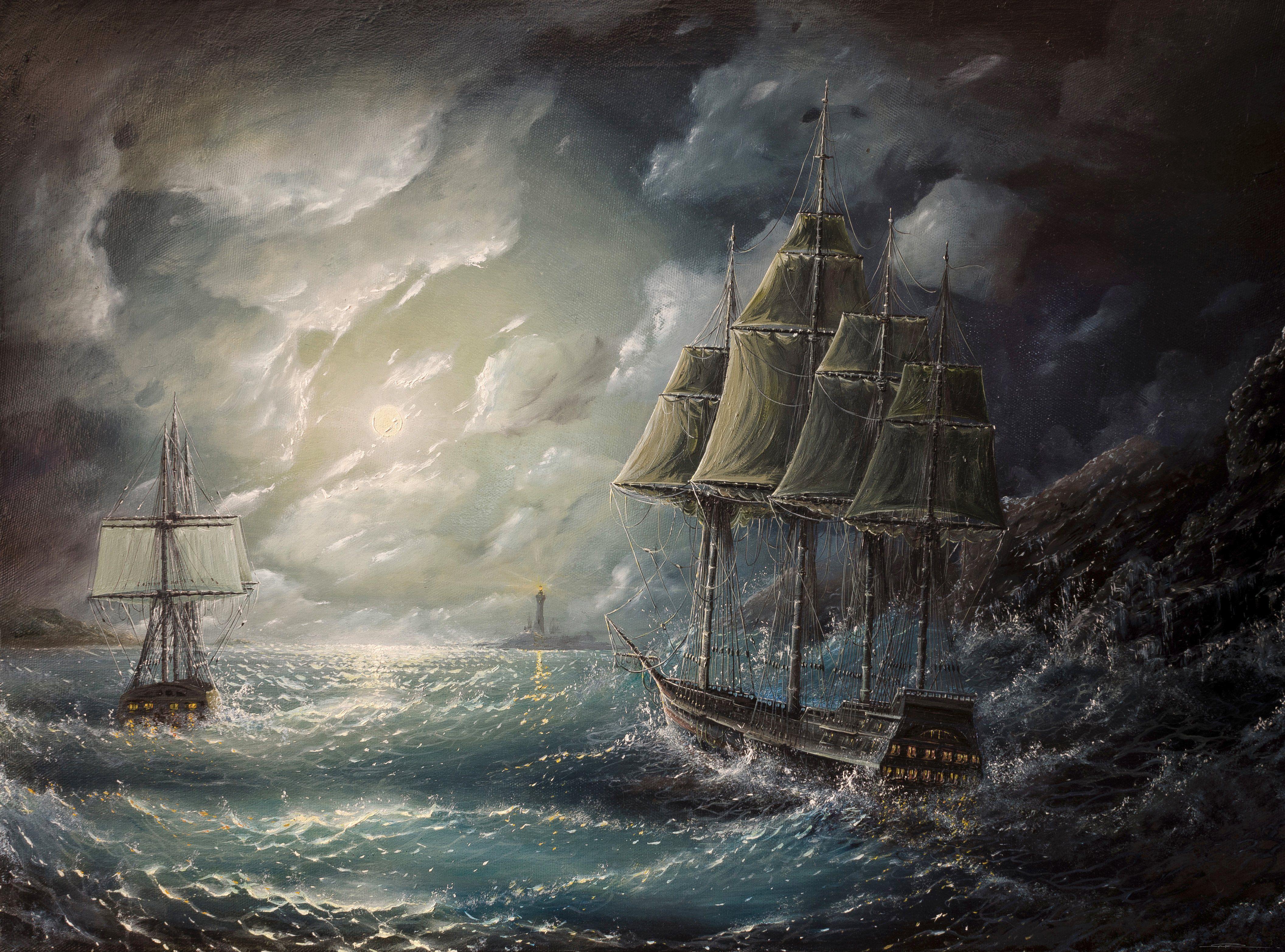 4225x3132 Ships CLOUDS waves storm lighthouse painting sky sail ocean wallpaperx3132