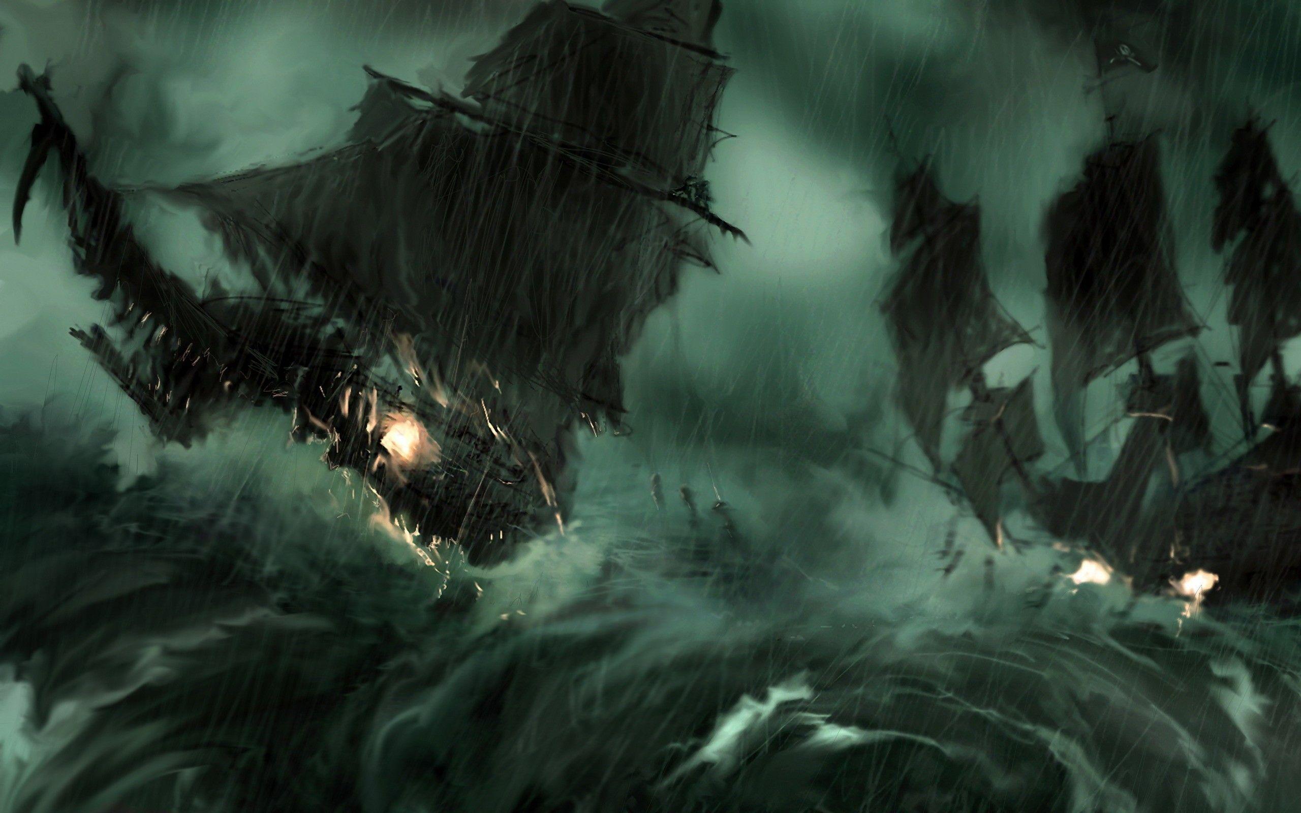 2560x1600 Paintings rain pirate ship storm pirates of the caribbean artwork