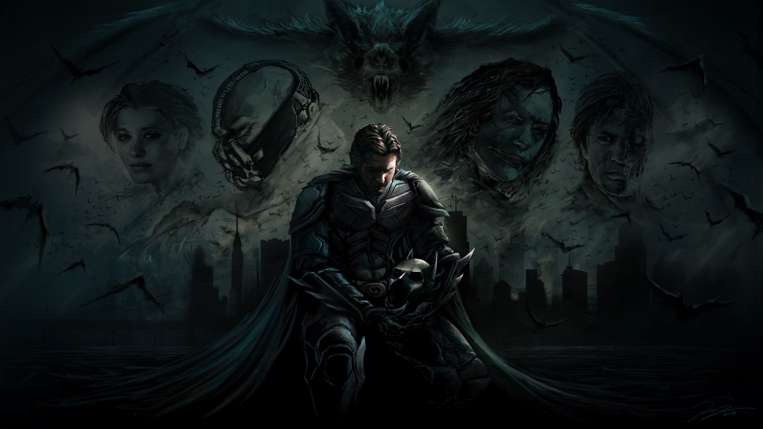2560x1440 Bane Batman Christian Bale Heath Ledger Joker Two Face HD The Dark Knight Trilogy Wallpaper