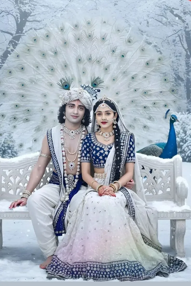 736x1104 Radha Krishna Beautiful HD Image in Snowfall