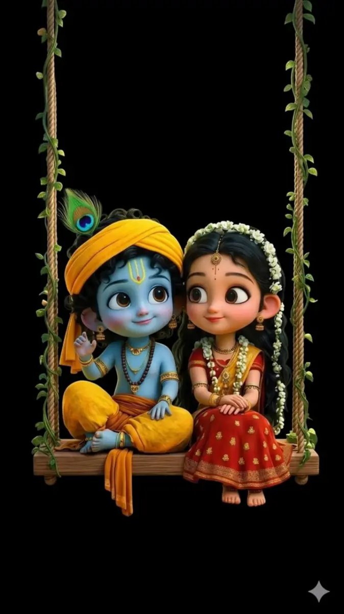 674x1201 Cute Little Radha Krishna on Swing 3D HD Wallpaper wallpaper