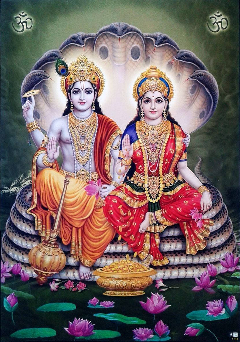 831x1184 Download Goddess Lakshmi And Vishnu Sitting On Shesha HD Wallpaper