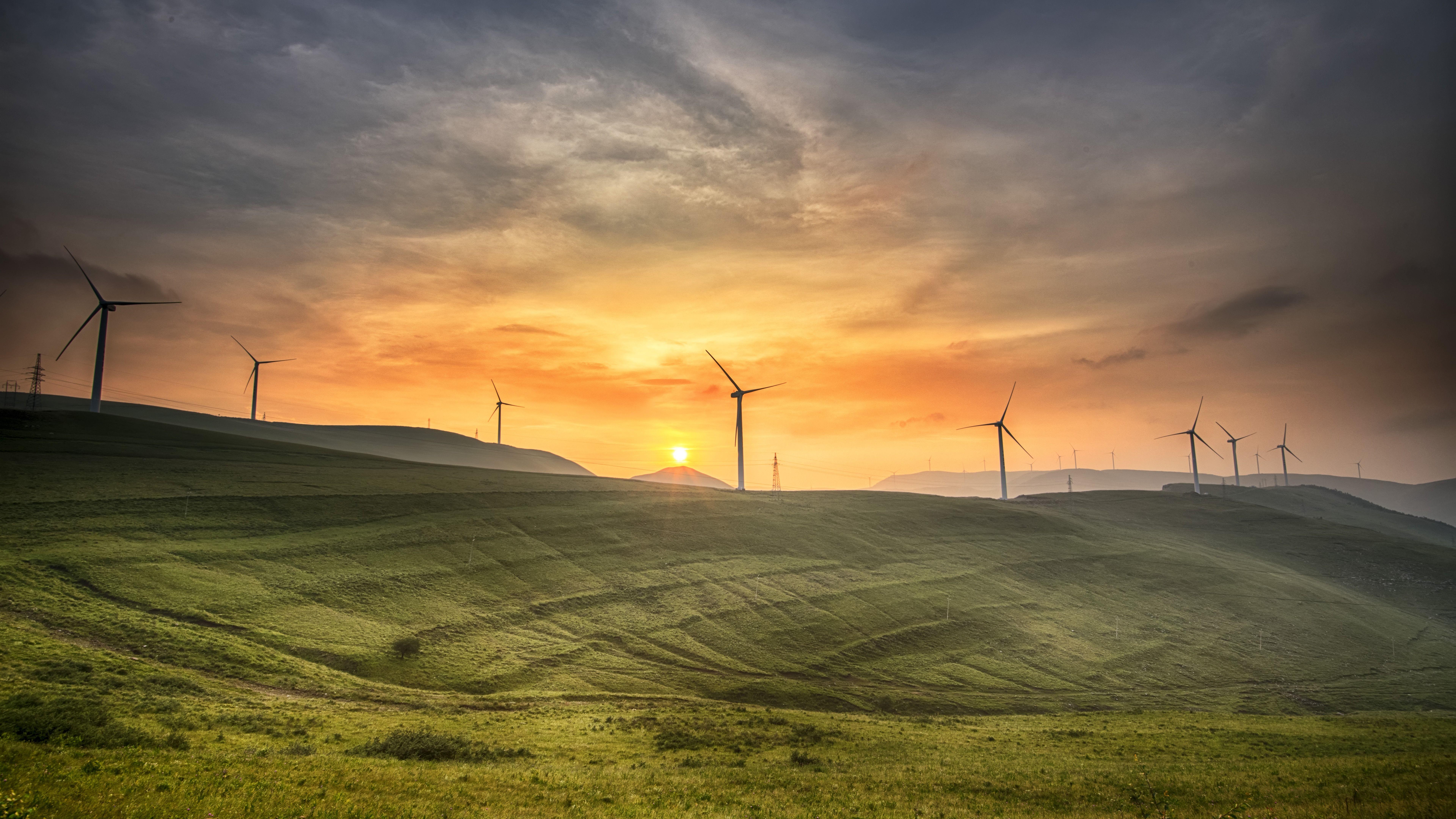 7680x4320 Wallpaper Qinyuan, slope, windmills, sunrise, morning, China 7680x4320 UHD 8K Picture, Image
