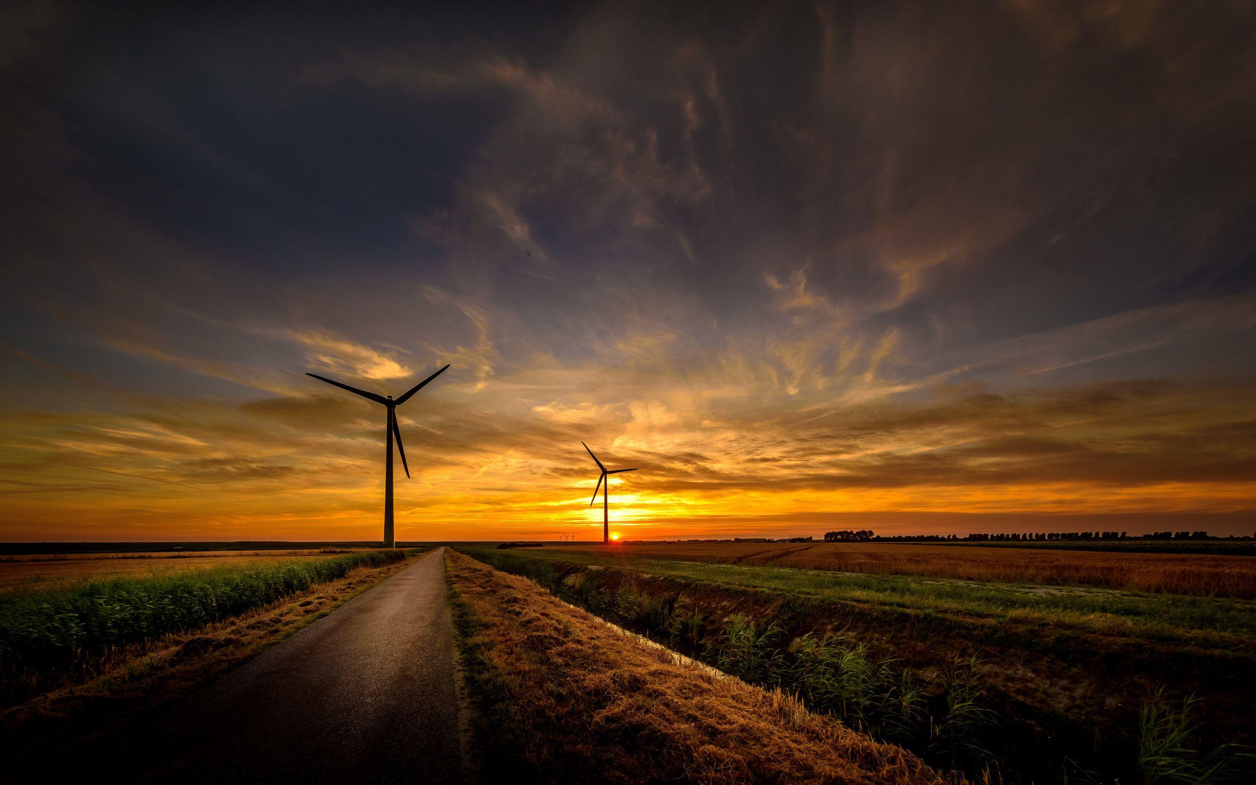 2560x1600 Desktop Wallpaper Sunrise, Wind Turbines, Road, Sky, 8k, HD Image, Picture, Background, De46f4