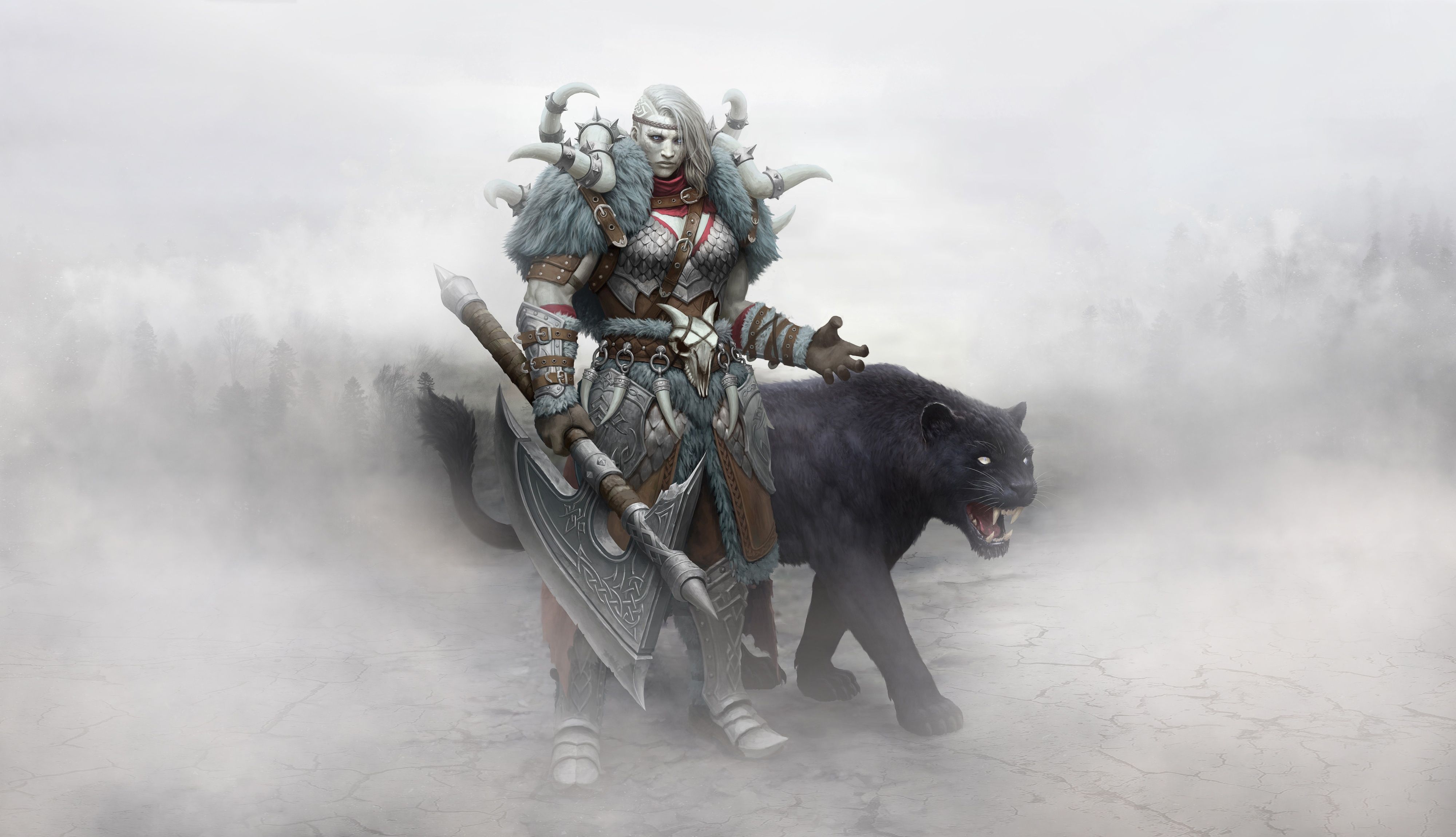 4000x2300 Fogwalker Shieldmaiden with Axe & Panther