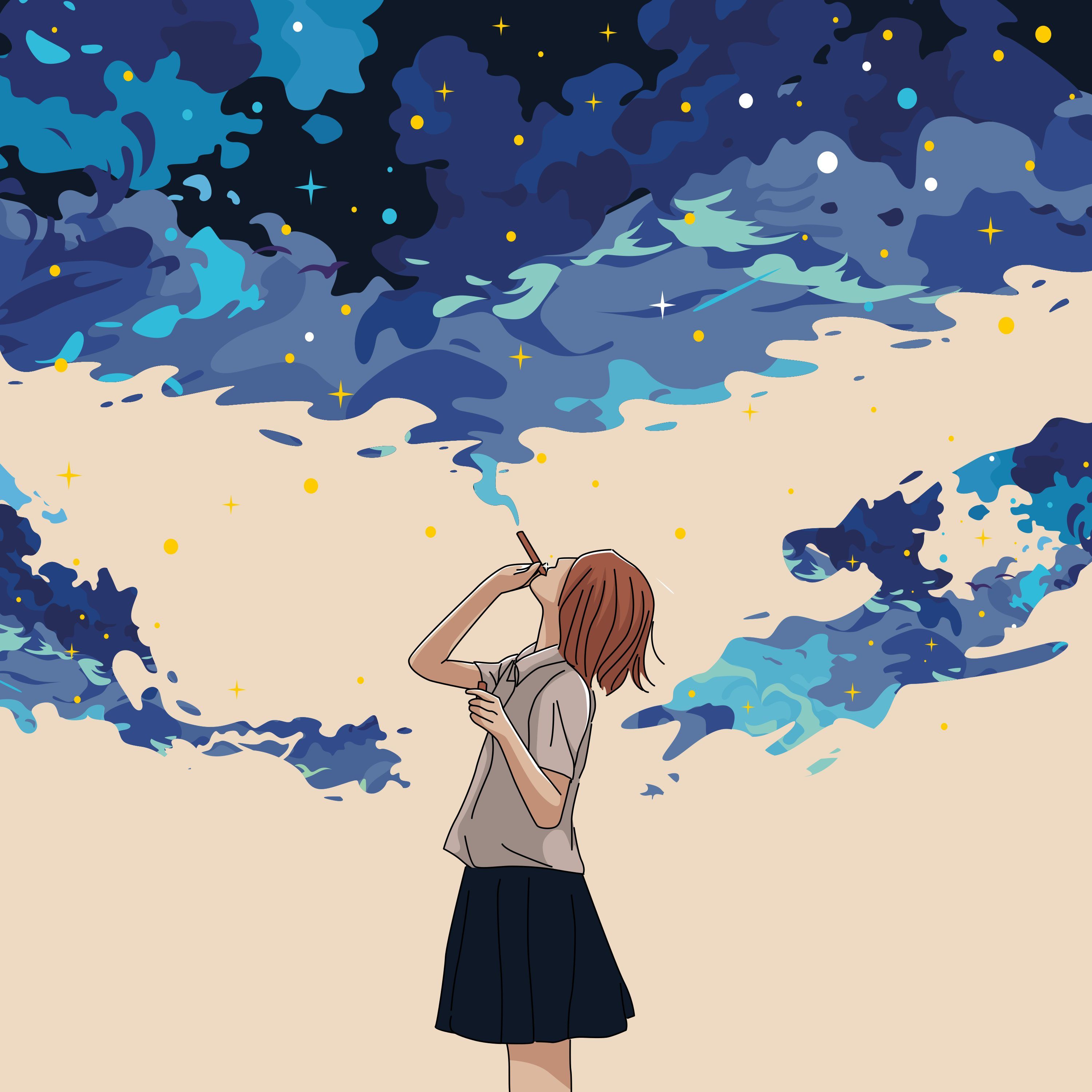 3000x3000 Girl smoking, blowing smoke that turns into stars Vector Illustration