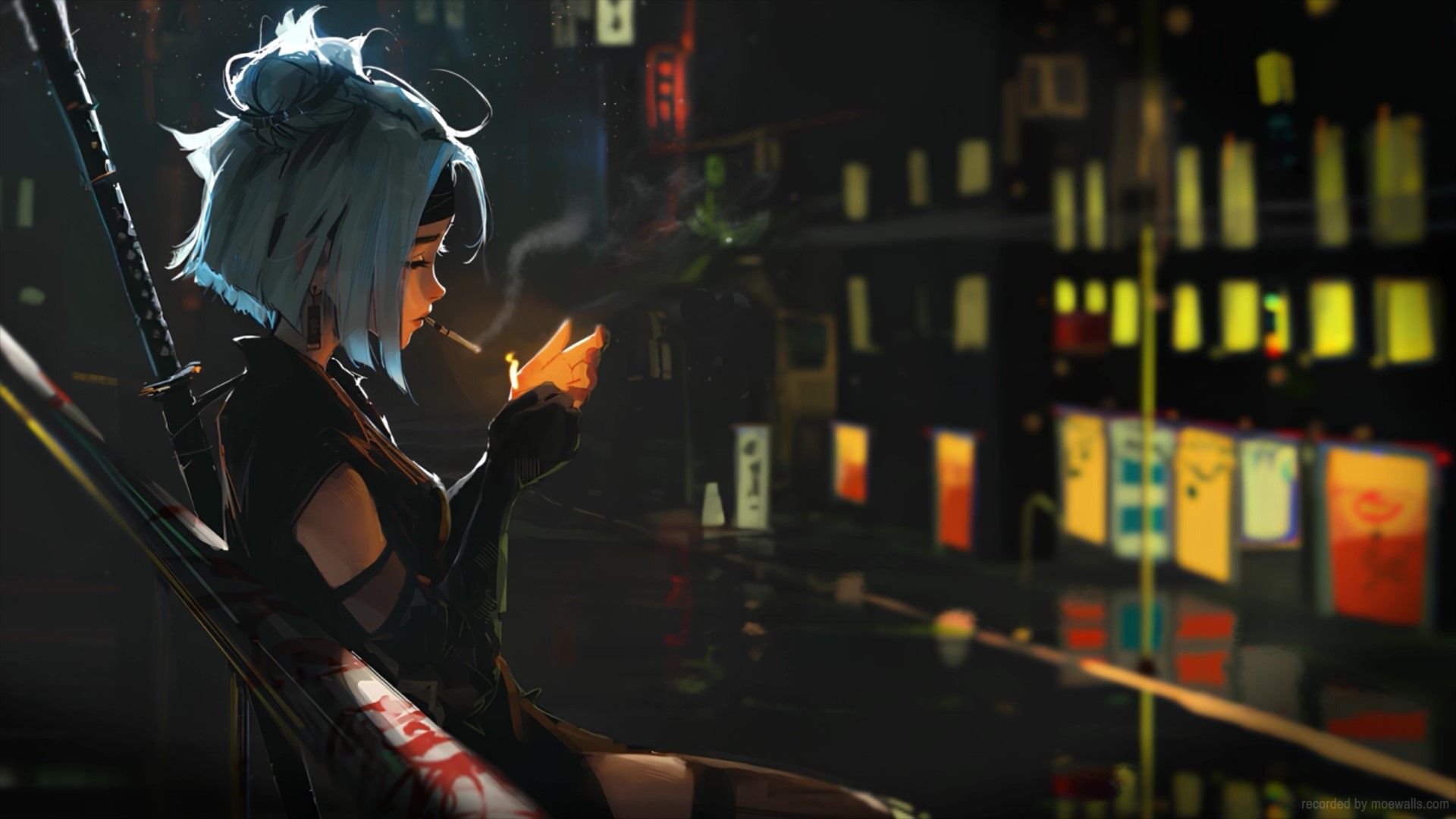 1920x1080 Samurai Girl Smoking Live Wallpaper