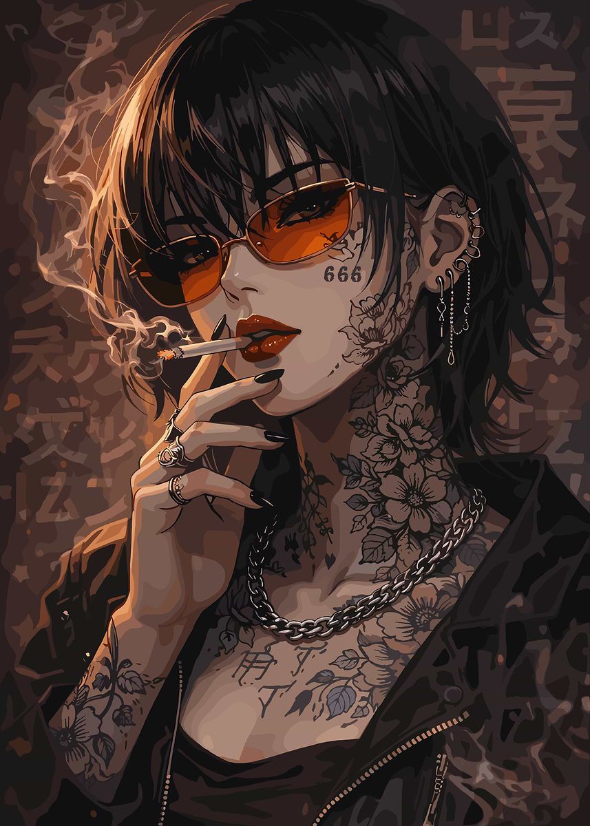 857x1200 Tattooed Woman Smoking with Orange Sunglasses' Poster, picture, metal print, paint