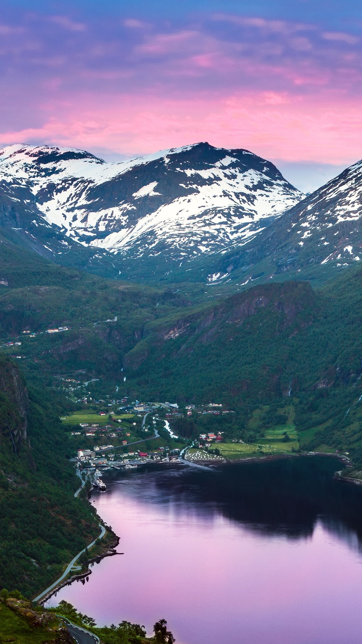 1242x2208 Geiranger Fjord Wallpaper 4K, Norway, Valley, Village, Sunset