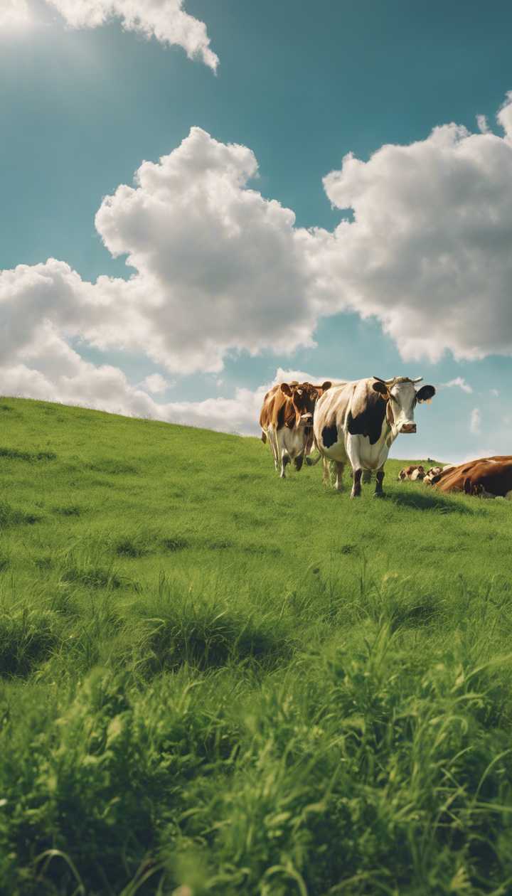 720x1260 An expansive green meadow with grazing cows under a clear blue sky. Wallpaper [cc3f9c0500ae4976bc5a]